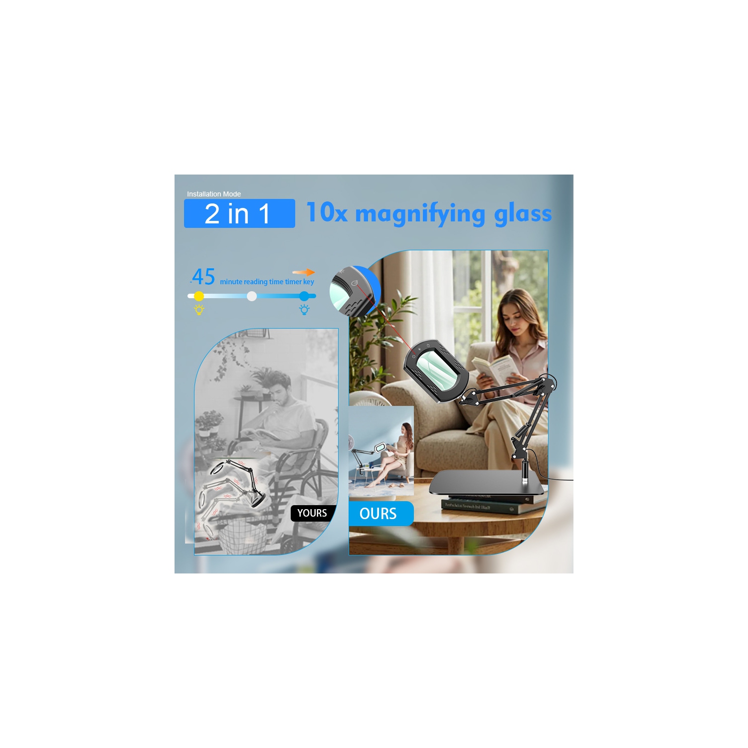 Loupe rectangulaire 10x avec lumière, 5 modes de couleur, loupe à intensité réglable sans progression avec support pour l'entretien de la lecture et