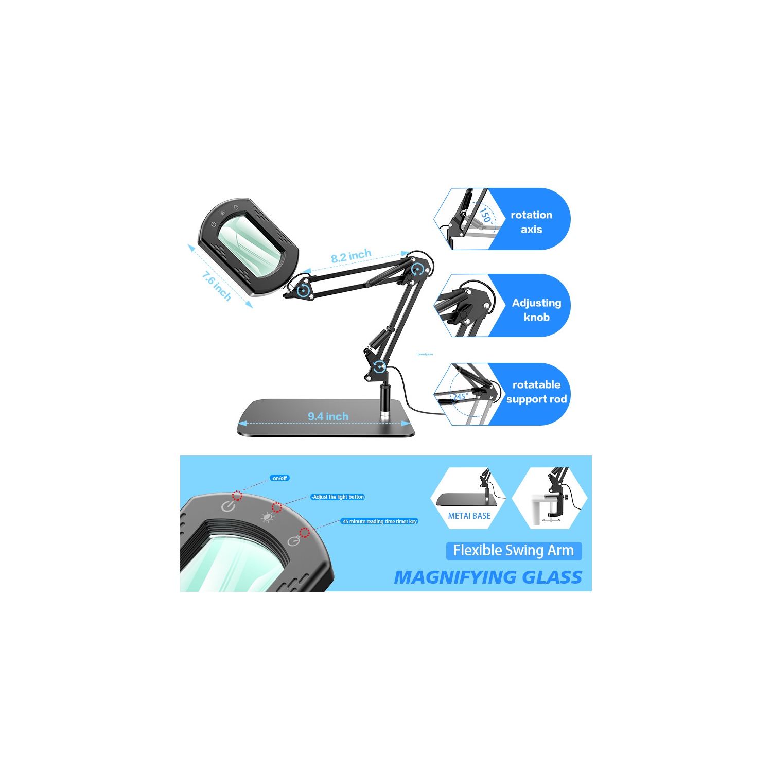 Loupe rectangulaire 10x avec lumière, 5 modes de couleur, loupe à intensité réglable sans progression avec support pour l'entretien de la lecture et