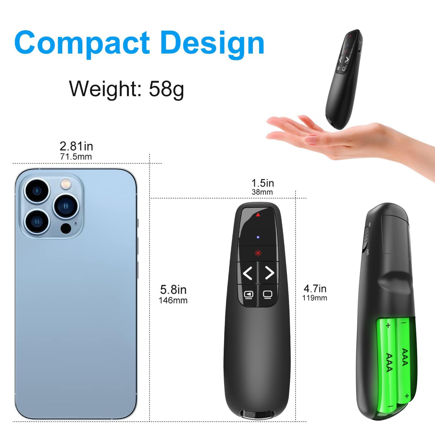 Diaporama 2-en-1 Clicker, Clicker de présentation sans fil, Tourne-page laser portatif, adapté aux présentations en classe et en conférence