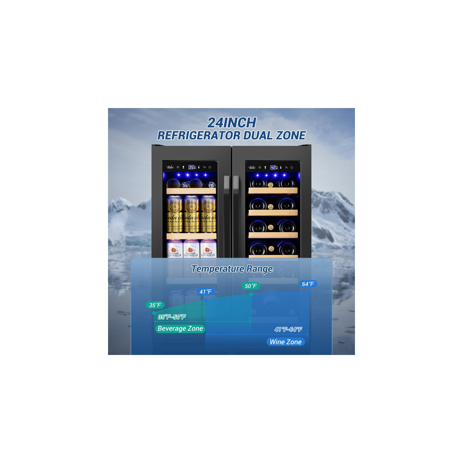 24 in. Dual Zone 20-Wine Bottles and 88-Cans Beverage & Wine Cooler in Stainless Steel With Smart Control Panel