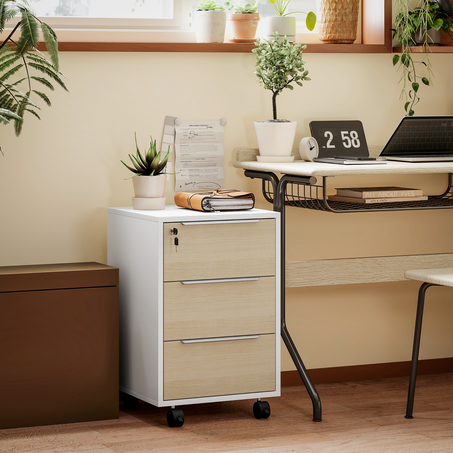 HOMCOM Vertical Filing Cabinet with Lock, 3-Drawer File Cabinet with Wheels, Home Office Organizer, Oak