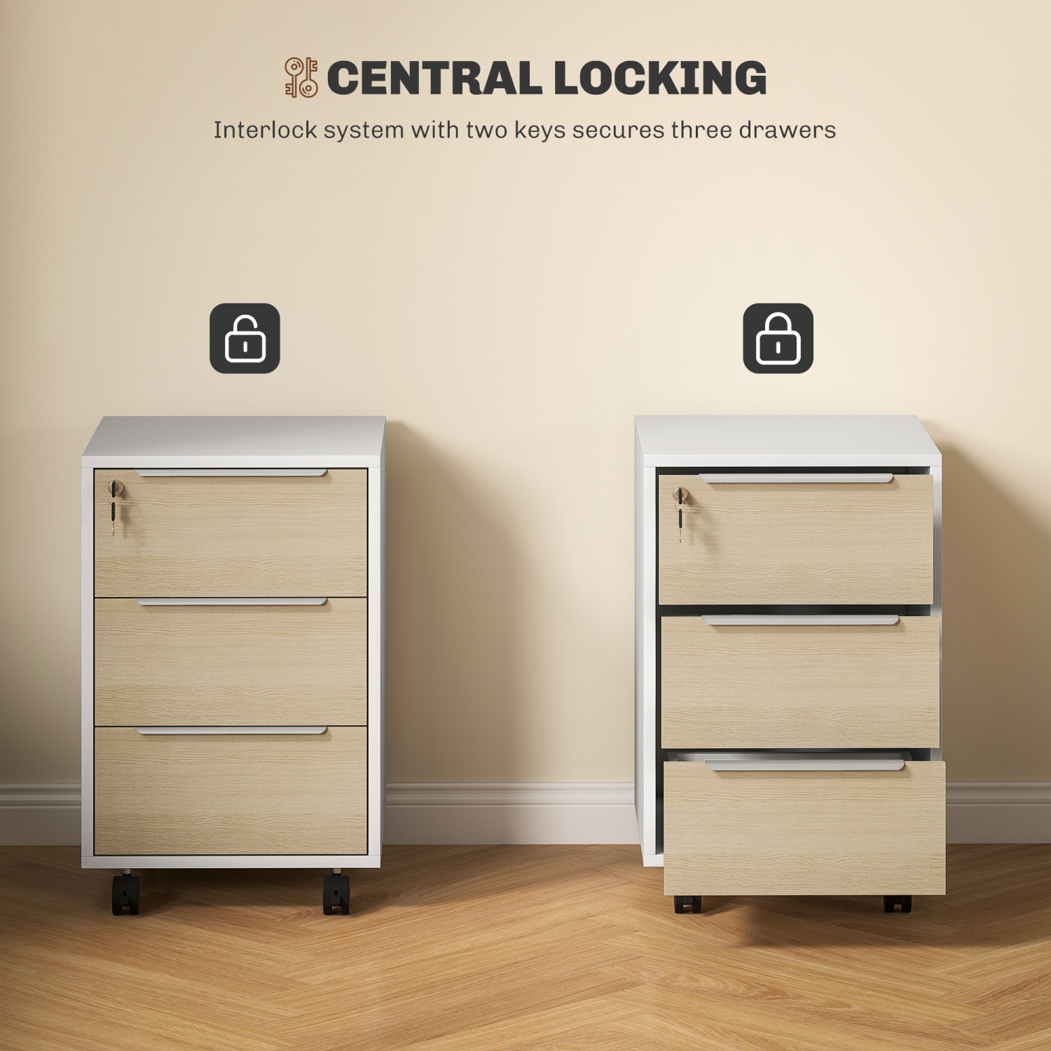 HOMCOM Vertical Filing Cabinet with Lock, 3-Drawer File Cabinet with Wheels, Home Office Organizer, Oak