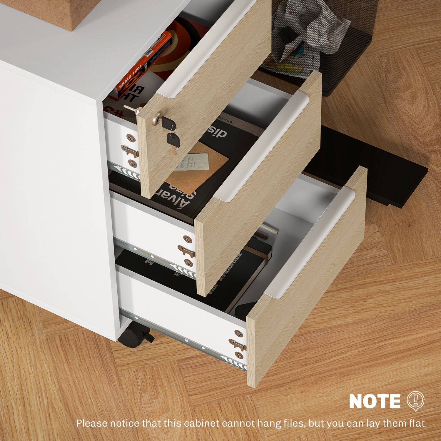 HOMCOM Vertical Filing Cabinet with Lock, 3-Drawer File Cabinet with Wheels, Home Office Organizer, Oak