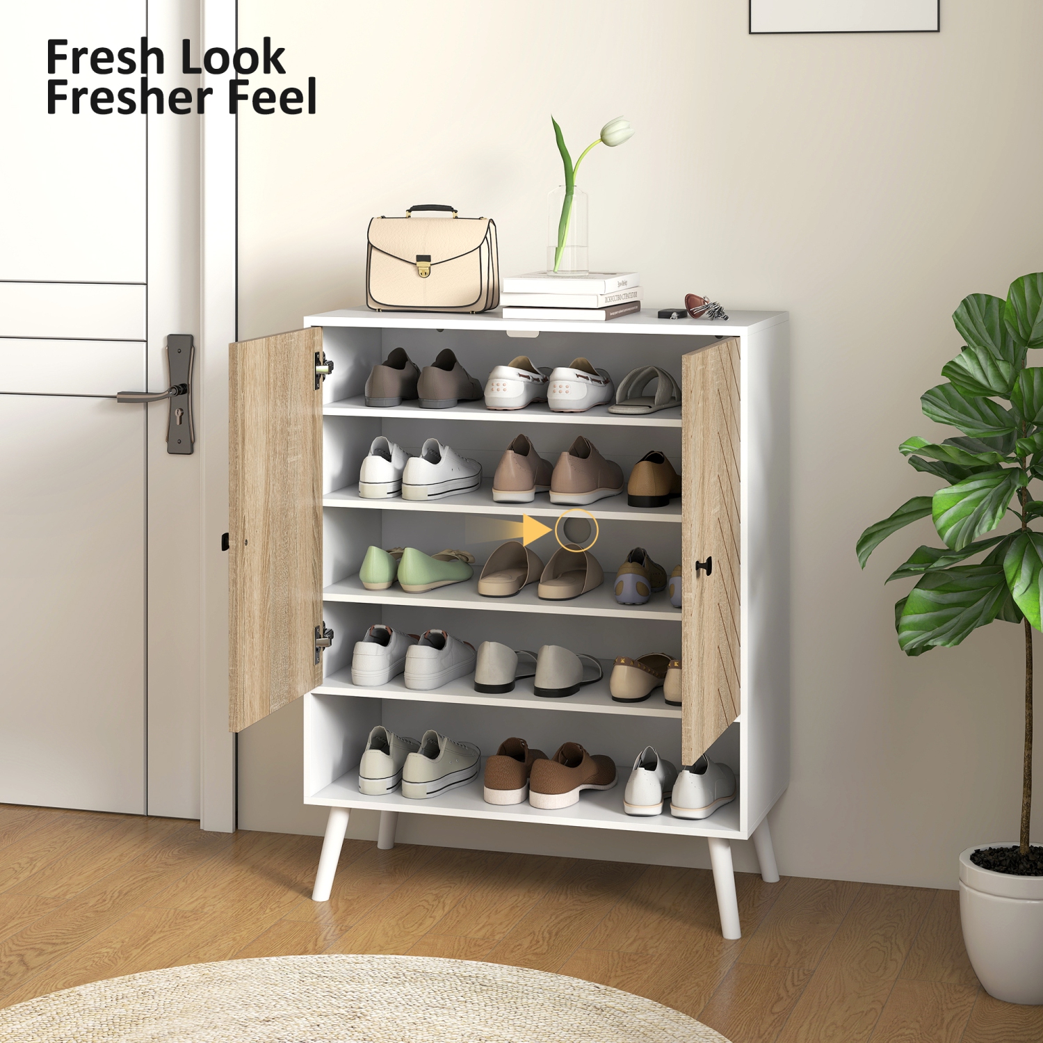 HOMCOM Shoe Cabinet, 5-Tier Freestanding Shoe Storage Cabinet with Doors, Adjustable Shelves, Holds 15 Pairs of Shoes, for Entryway, Hallway, Living