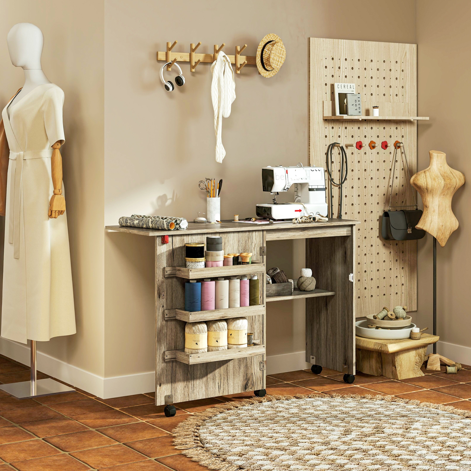 Table à coudre pliante de HOMCOM, armoire à coudre sur roulettes, table de bricolage tout usage avec tablette de rangement, bacs et roulettes