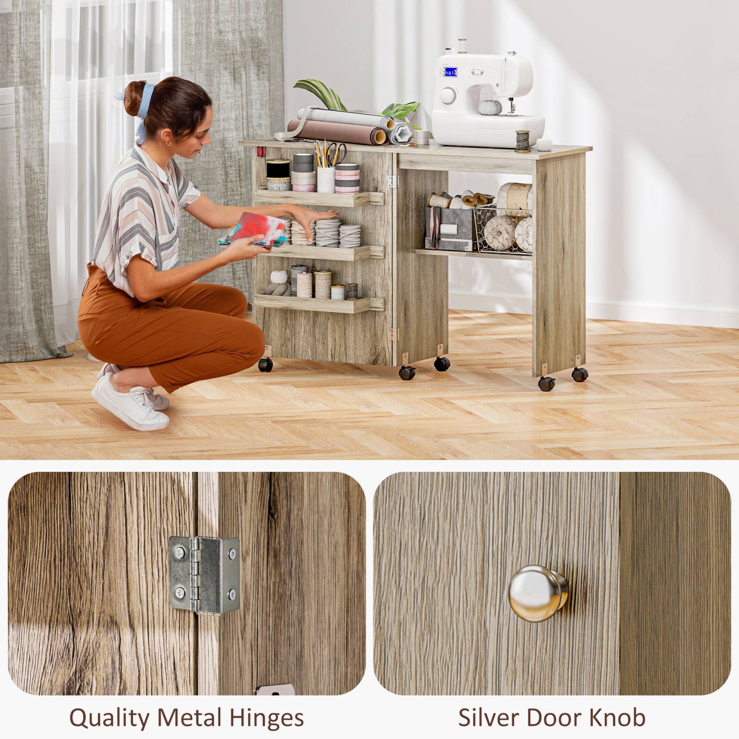 Table à coudre pliante de HOMCOM, armoire à coudre sur roulettes, table de bricolage tout usage avec tablette de rangement, bacs et roulettes