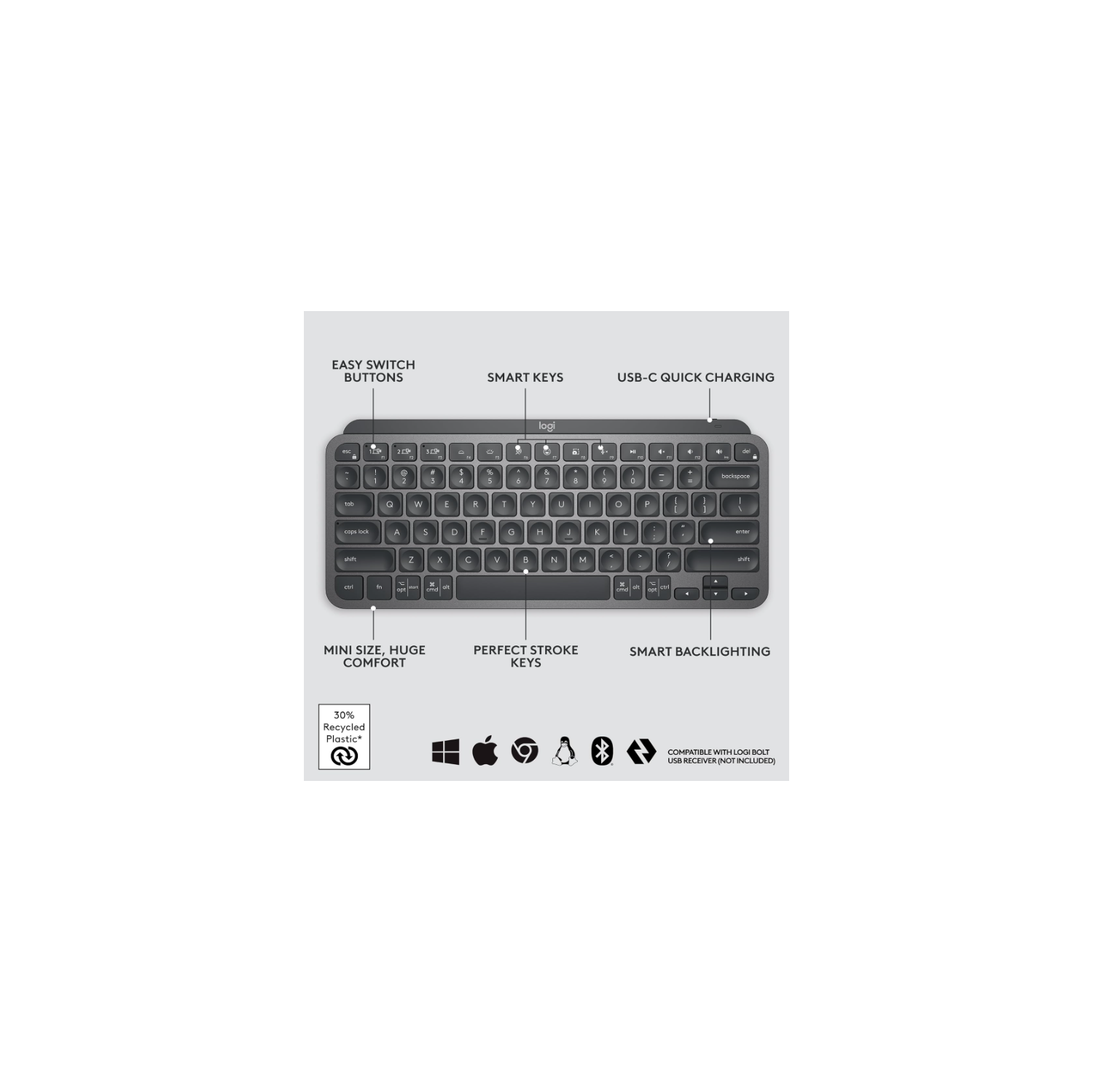 Logitech MX Keys Mini Minimalist Wireless Illuminated Keyboard, Compact, Bluetooth, Compatible with Apple macOS, iOS, Windows, Linux, Android, Metal