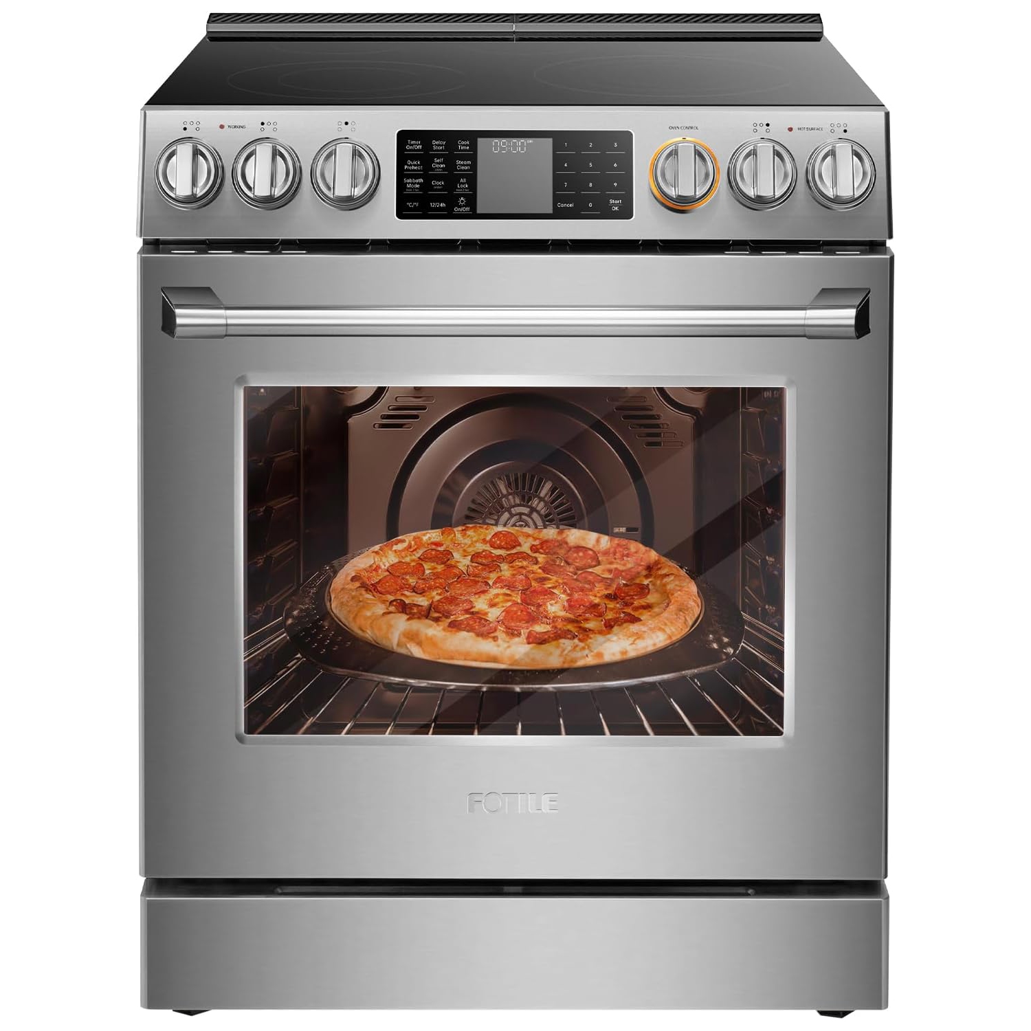 FOTILE RES30551 Stainless Steel 30" Slide-In Electric Range with True Convection and Air Fry, 5-Burner Stove, 5.7 Cu. Ft. Oven, Self-Cleaning Mode,