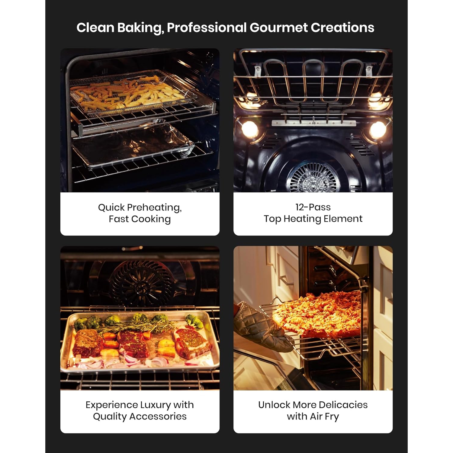 FOTILE RES30551 Stainless Steel 30" Slide-In Electric Range with True Convection and Air Fry, 5-Burner Stove, 5.7 Cu. Ft. Oven, Self-Cleaning Mode,