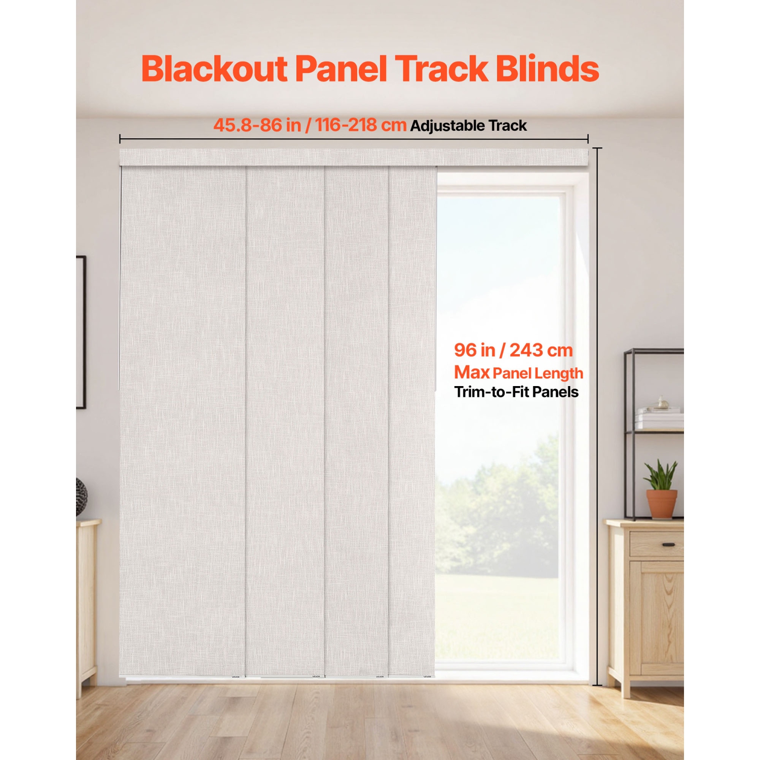 VEVOR 45.8 in to 86 in W Panel Track Blinds, Trimmable Panel Curtains Up to 96 in H, Vertical Blackout Panel Blinds for Sliding Doors, Patio Doors,