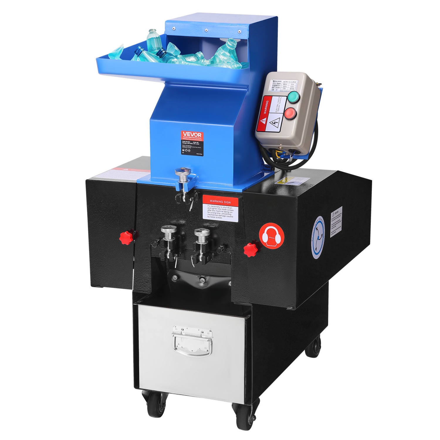 VEVOR 3HP/2.2KW Plastic Shredder Crusher, Plastic Bottle Grinder Granulator, 100-150kg/h Capacity Pulverizer Recycling Machine with Wheels,SDK-11