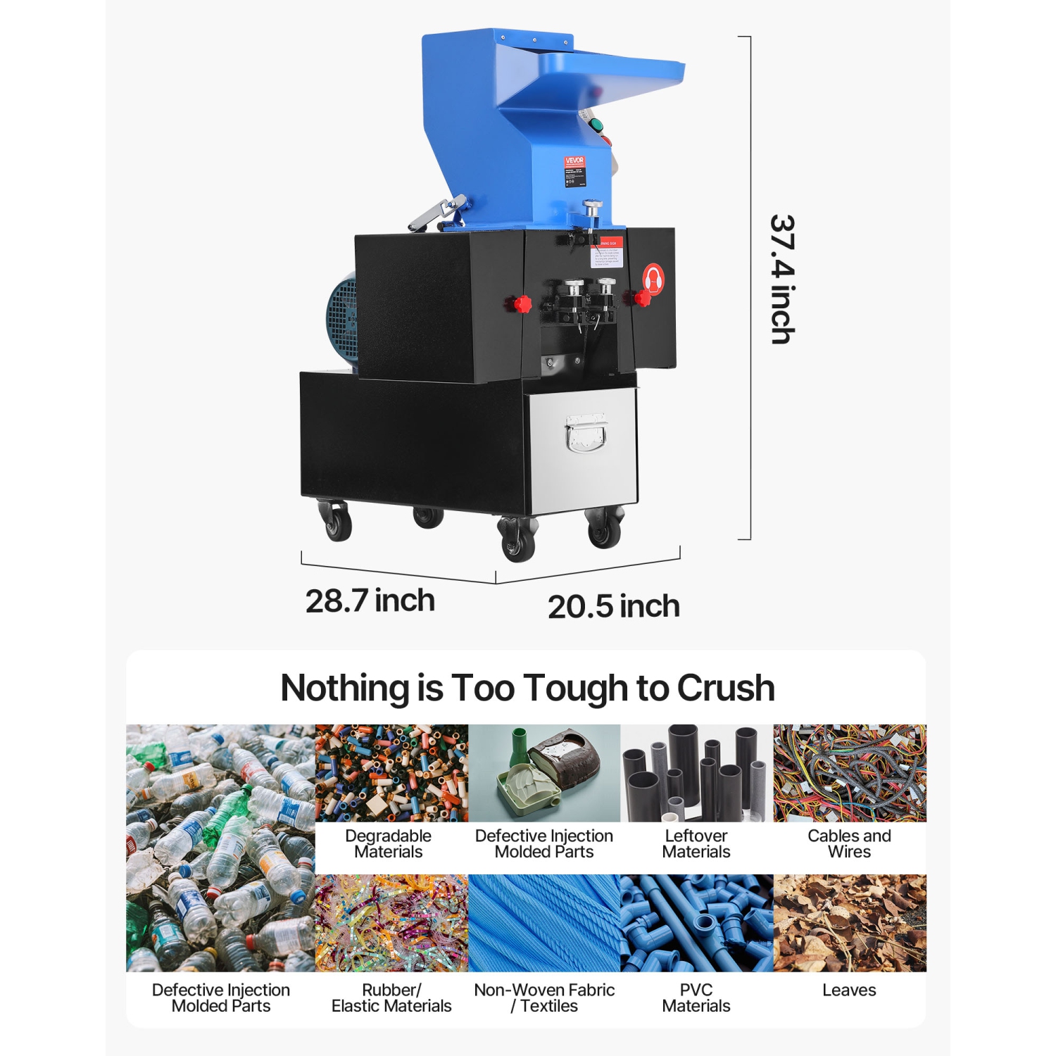 VEVOR 3HP/2.2KW Plastic Shredder Crusher, Plastic Bottle Grinder Granulator, 100-150kg/h Capacity Pulverizer Recycling Machine with Wheels,SDK-11