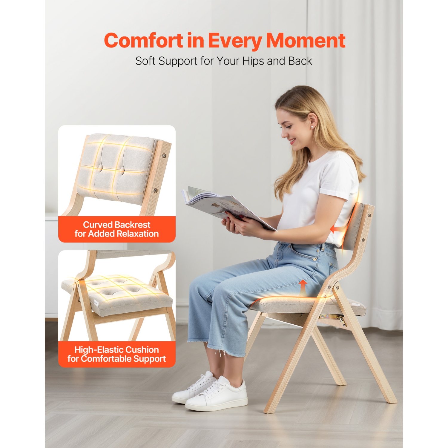 VEVOR Set of 4 Wooden Folding Chairs with Cushion, Portable Foldable Cushion Chair with Wooden Frame, Modern Padded Dining Chair for Kitchen, Office,