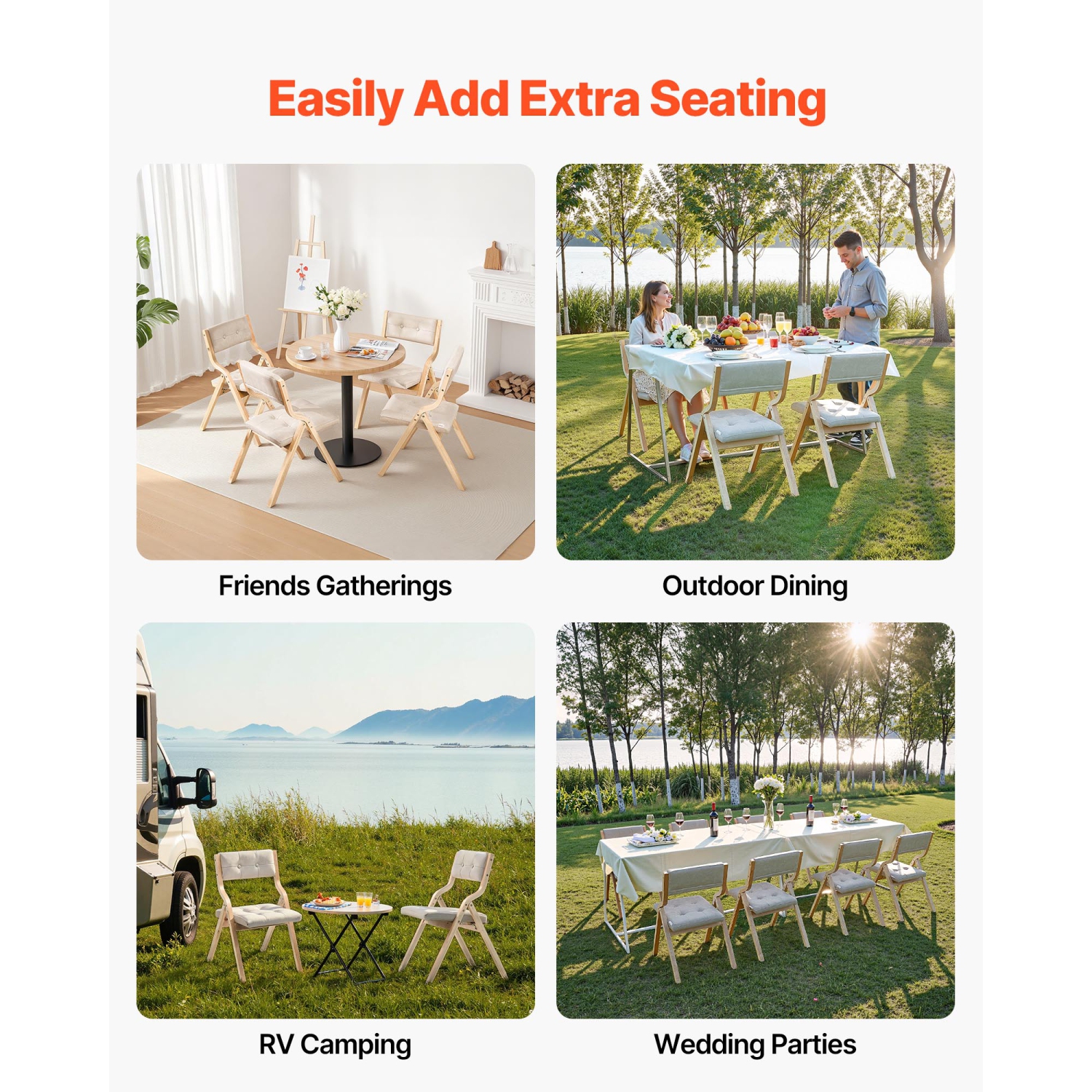 VEVOR Set of 4 Wooden Folding Chairs with Cushion, Portable Foldable Cushion Chair with Wooden Frame, Modern Padded Dining Chair for Kitchen, Office,
