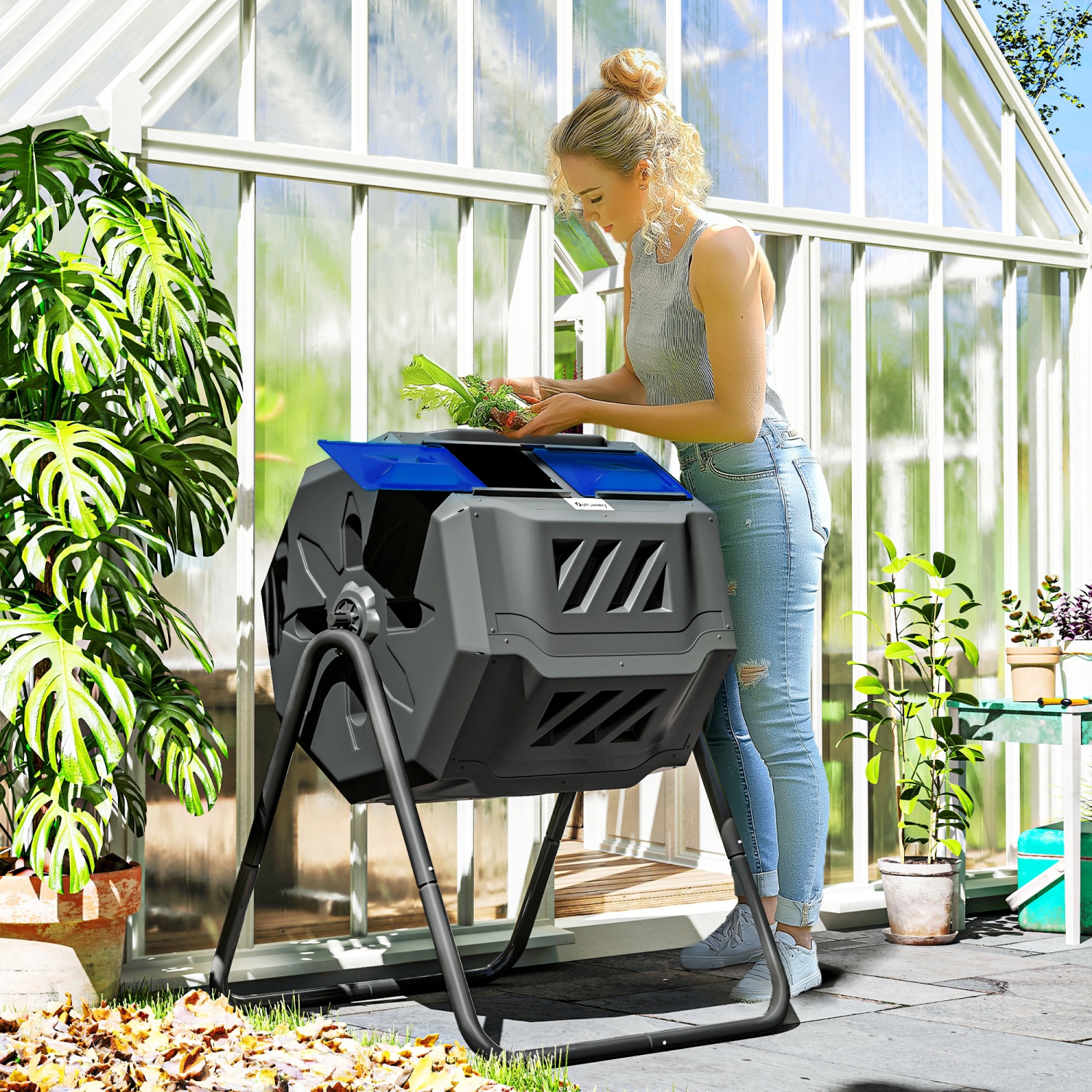 Outsunny 43 Gallon Tumbling Compost Bin Outdoor Dual Chamber 360° Rotating Composter with Sliding Doors, Solid Steel Frame and Gloves, Blue