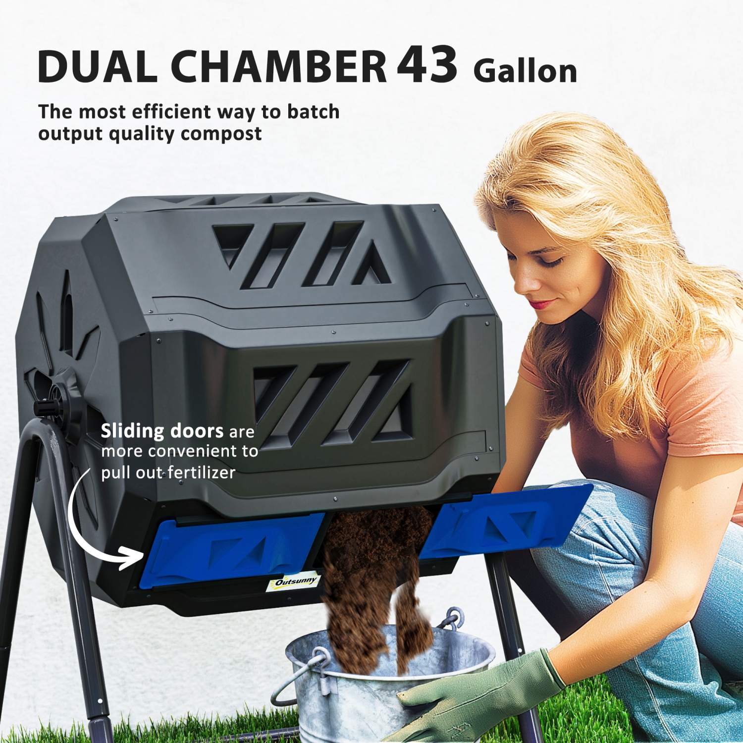 Outsunny 43 Gallon Tumbling Compost Bin Outdoor Dual Chamber 360° Rotating Composter with Sliding Doors, Solid Steel Frame and Gloves, Blue