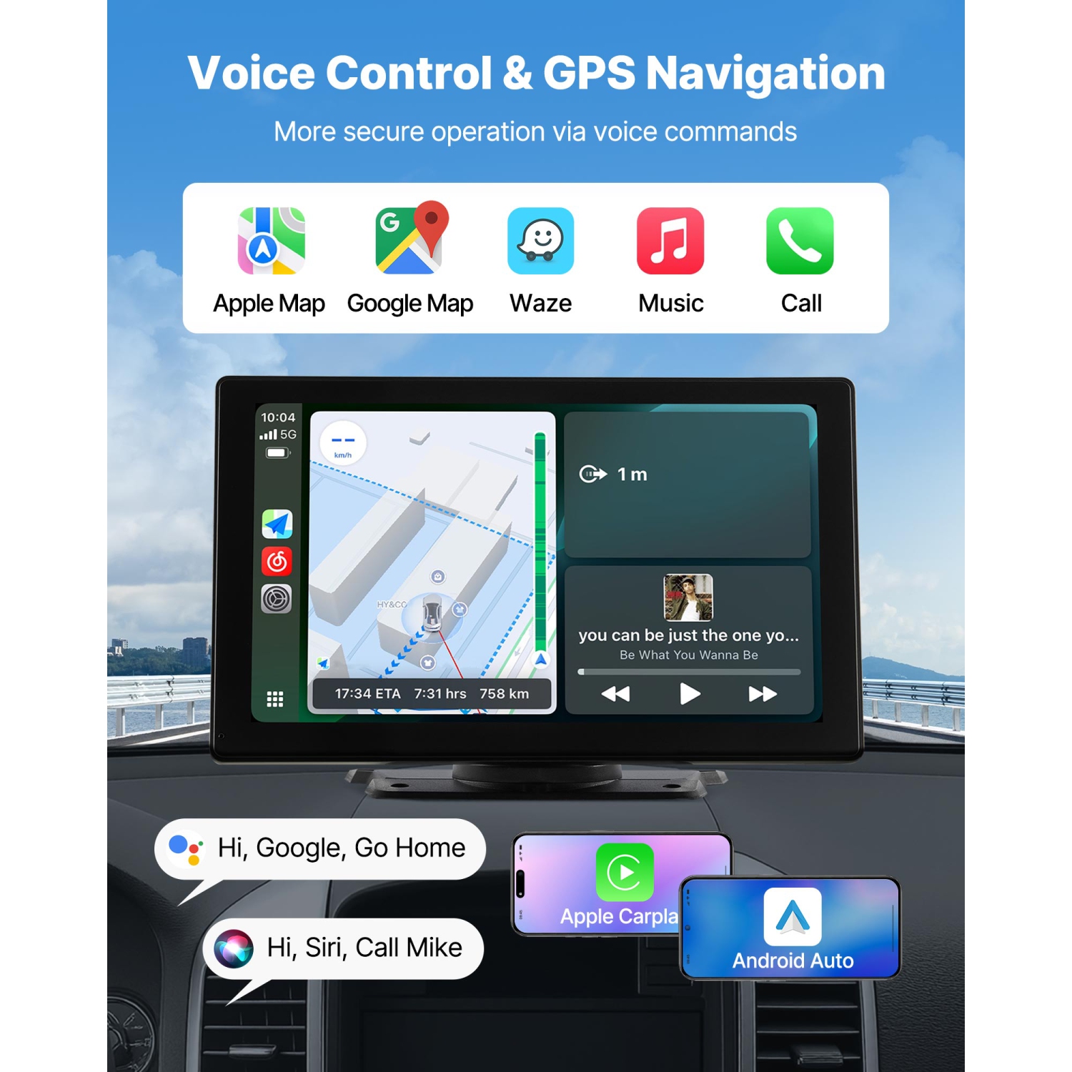 Chaîne stéréo d'auto sans fil VEVOR de 9&nbsp;po, radio portative HD écran tactile avec Apple CarPlay et Android Auto, écran CarPlay avec caméras