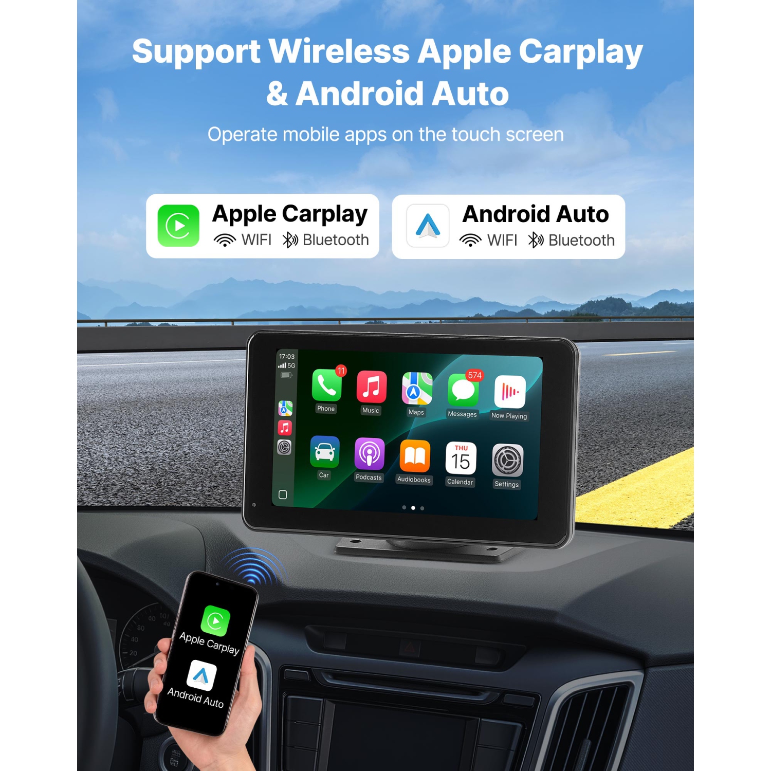Chaîne stéréo d'auto sans fil VEVOR de 7&nbsp;po, radio portative HD écran tactile compatible avec Apple CarPlay et Android Auto, écran CarPlay avec