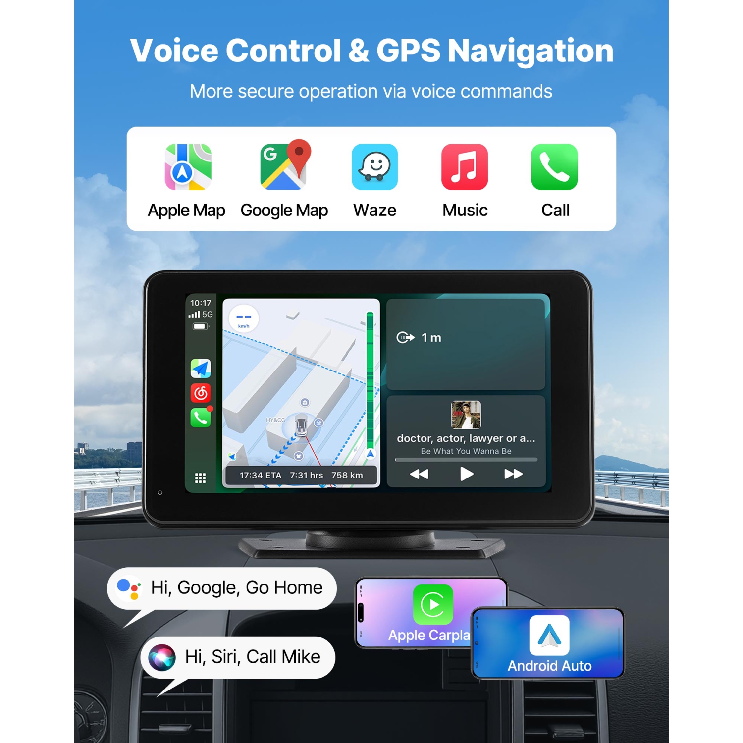 Chaîne stéréo d'auto sans fil VEVOR de 7&nbsp;po, radio portative HD écran tactile compatible avec Apple CarPlay et Android Auto, écran CarPlay avec