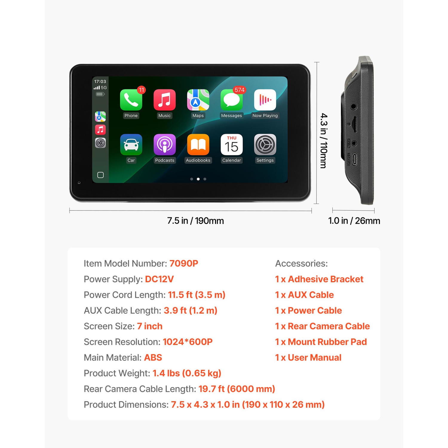 Chaîne stéréo d'auto sans fil VEVOR de 7&nbsp;po, radio portative HD écran tactile compatible avec Apple CarPlay et Android Auto, écran CarPlay avec