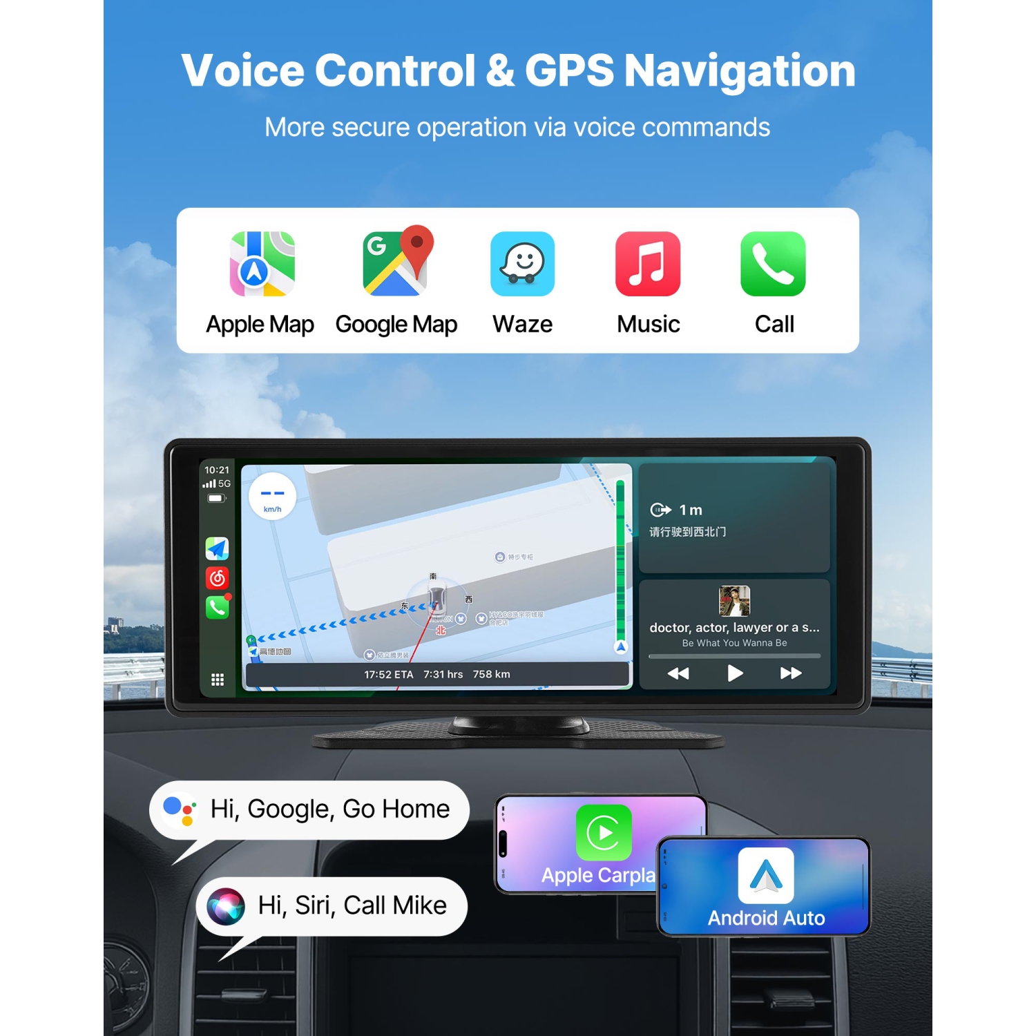 Chaîne stéréo d'auto sans fil VEVOR de 10&nbsp;po, radio portative HD écran tactile avec Apple CarPlay et Android Auto, écran CarPlay avec caméras