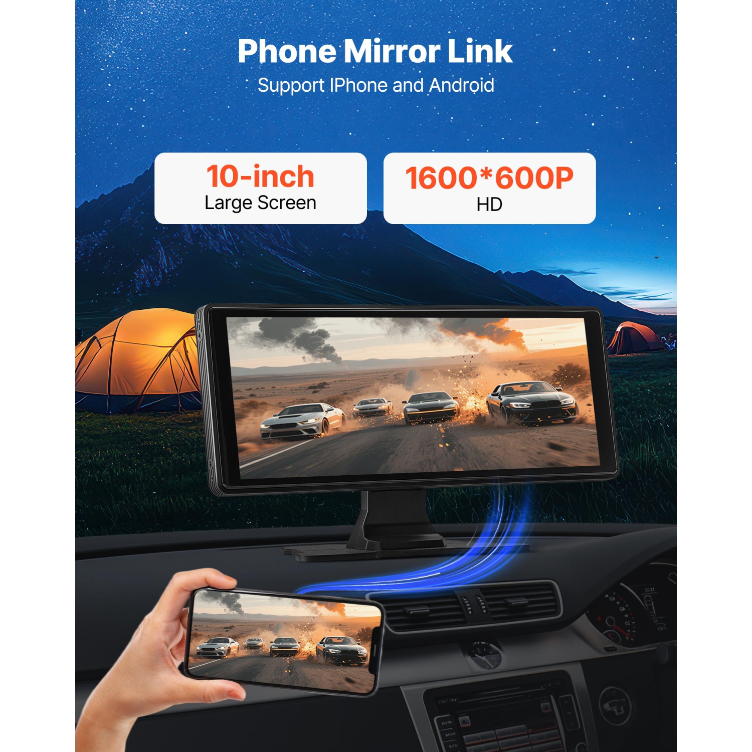 Chaîne stéréo d'auto sans fil VEVOR de 10&nbsp;po, radio portative HD écran tactile avec Apple CarPlay et Android Auto, écran CarPlay avec caméras