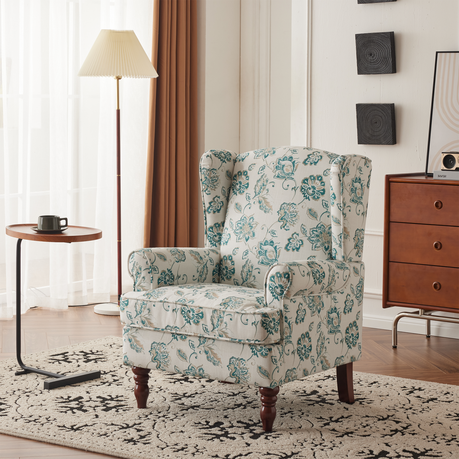 U-HOMY 37.5" H Modern Accent Chair, High Back Armchair, Upholstered Fabric Button Single Sofa with Wooden Legs for Living Room - Light Green