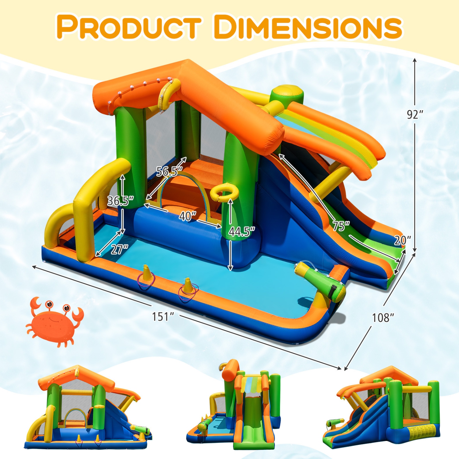 Gymax 8-in-1 Inflatable Bounce House Water Park w/Slide Water Cannon w/ 520W Blower