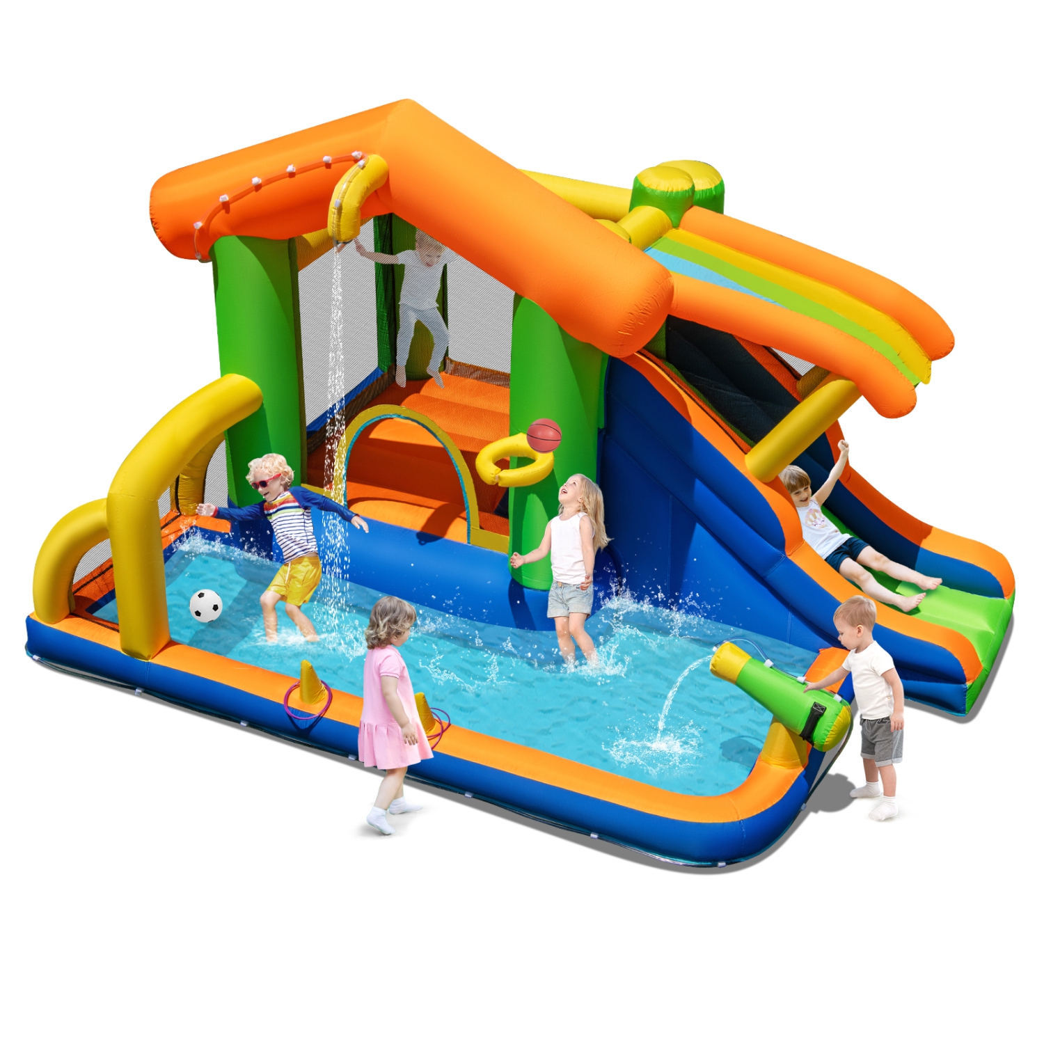 Gymax 8-in-1 Inflatable Bounce House Water Park w/Slide Water Cannon w/ 520W Blower
