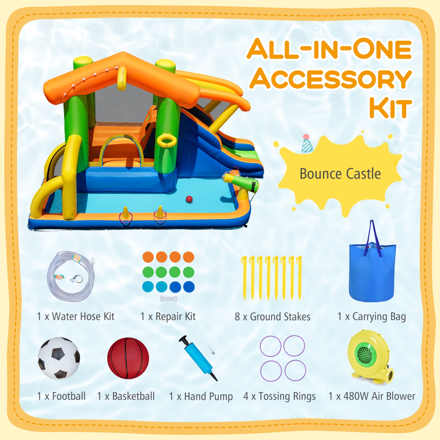 Gymax 8-in-1 Inflatable Bounce House Water Park w/Slide Water Cannon w/ 480W Blower