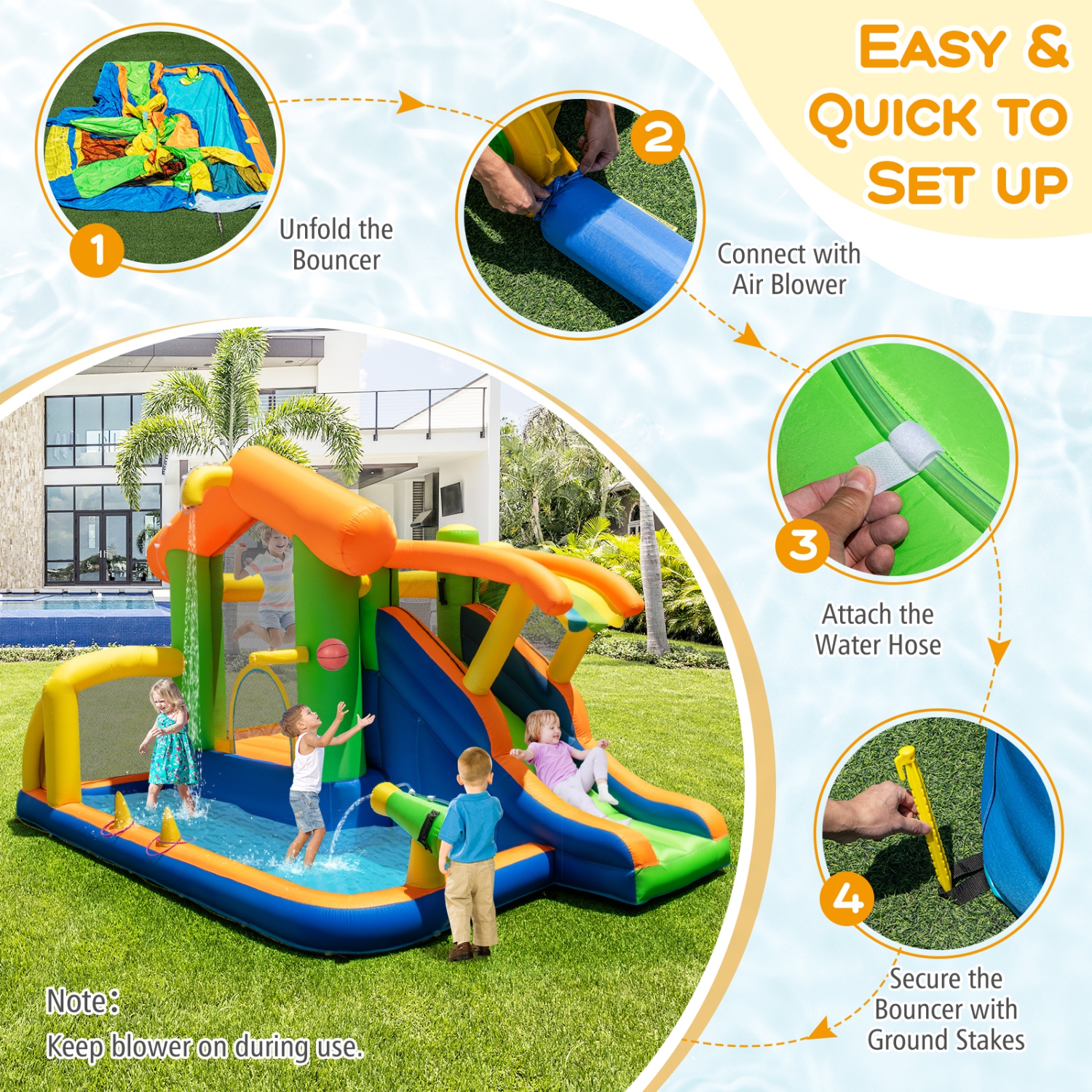 Gymax 8-in-1 Inflatable Bounce House Water Park w/Slide Water Cannon w/ 480W Blower