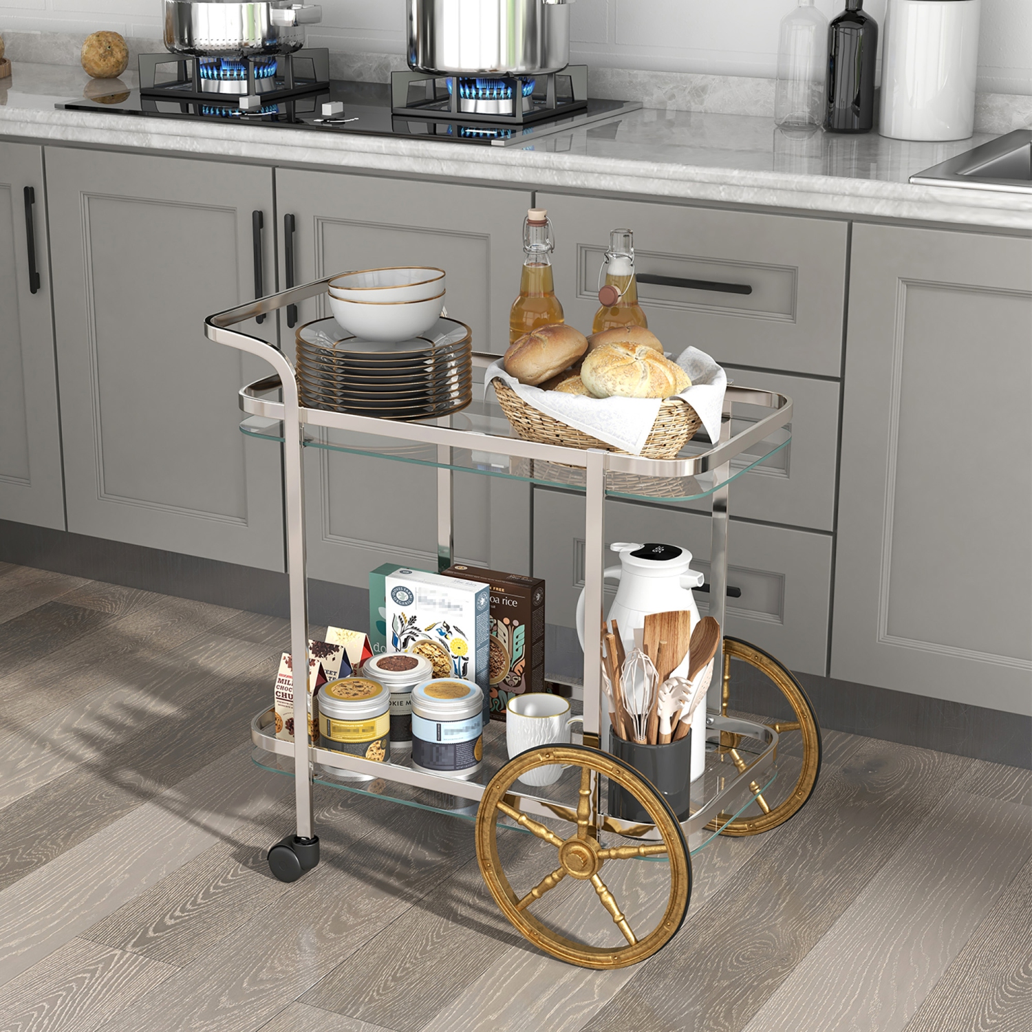 Gymax 2-Tier Serving Cart w/ Tempered Glass Shelves 2 Large Aluminum Front Wheels