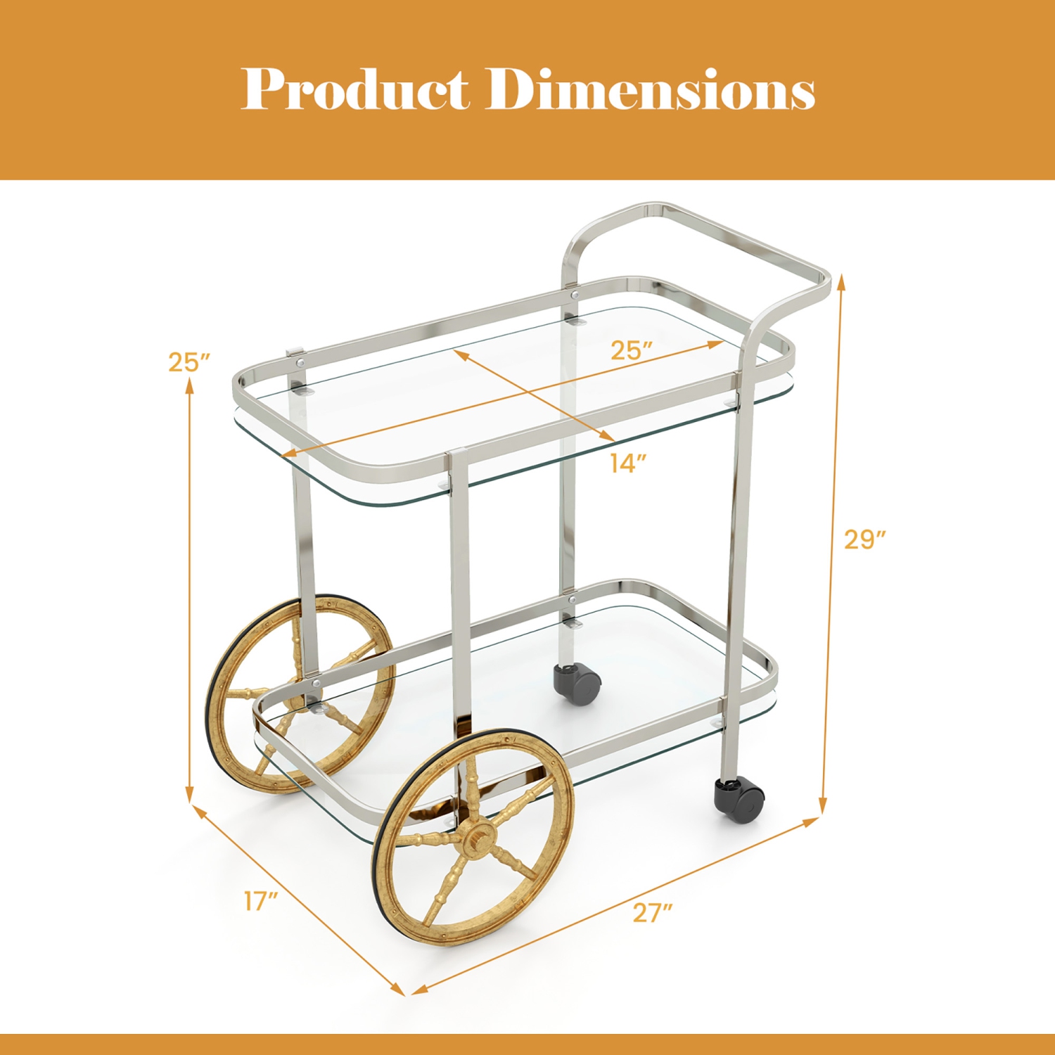 Gymax 2-Tier Serving Cart w/ Tempered Glass Shelves 2 Large Aluminum Front Wheels