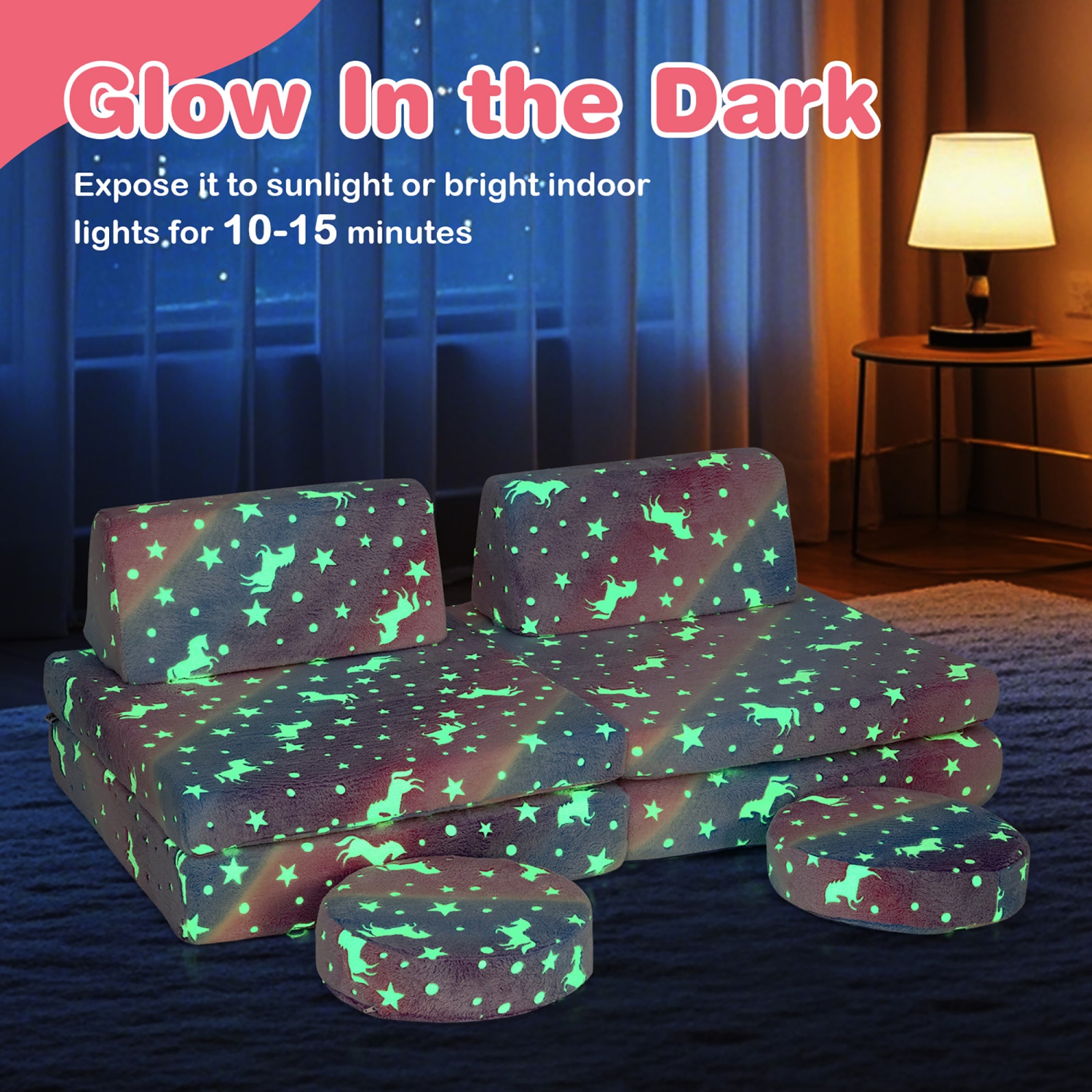 Gymax Glow in the Dark Modular Kids Play Couch Set w/ Machine-washable Flannel Covers