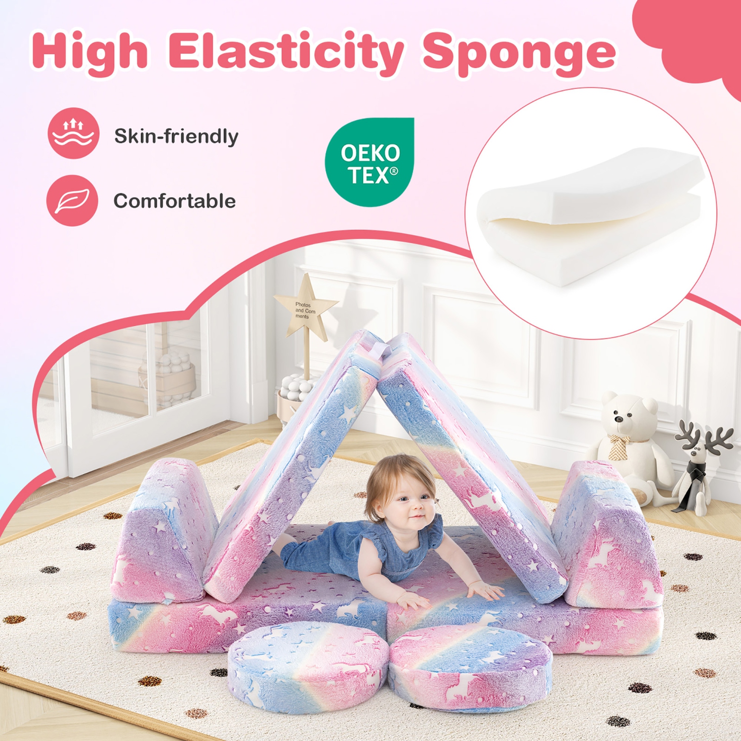 Gymax Glow in the Dark Modular Kids Play Couch Set w/ Machine-washable Flannel Covers