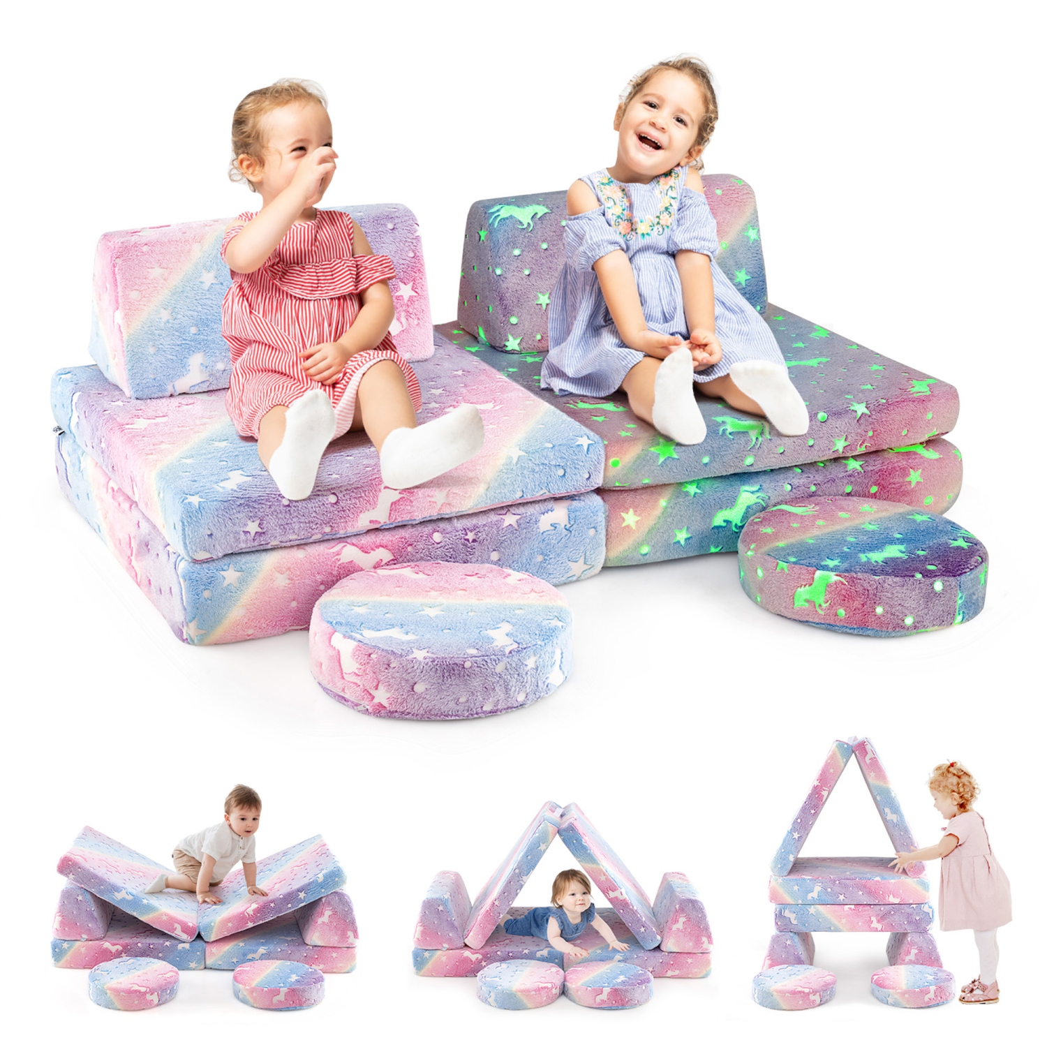Gymax Glow in the Dark Modular Kids Play Couch Set w/ Machine-washable Flannel Covers