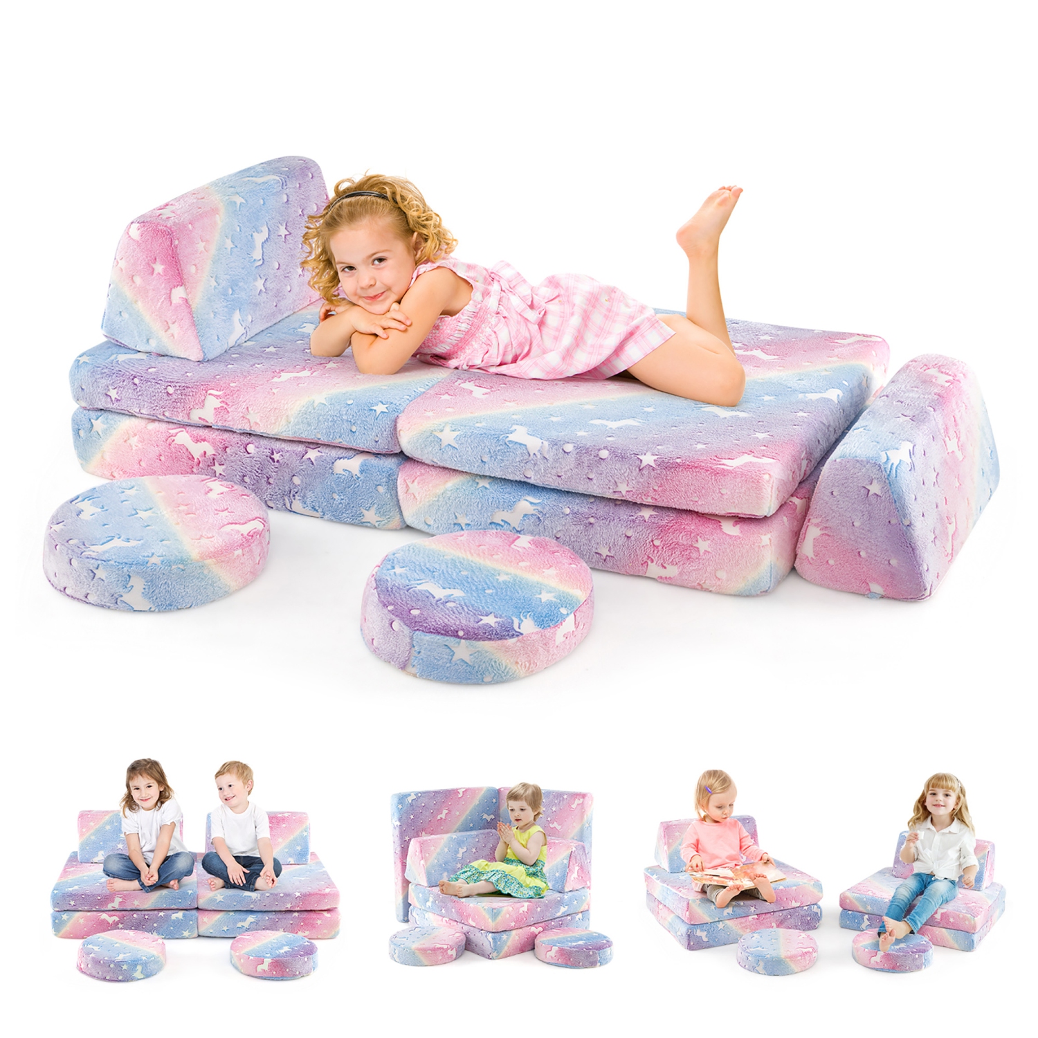 Gymax Glow in the Dark Modular Kids Play Couch Set w/ Machine-washable Flannel Covers