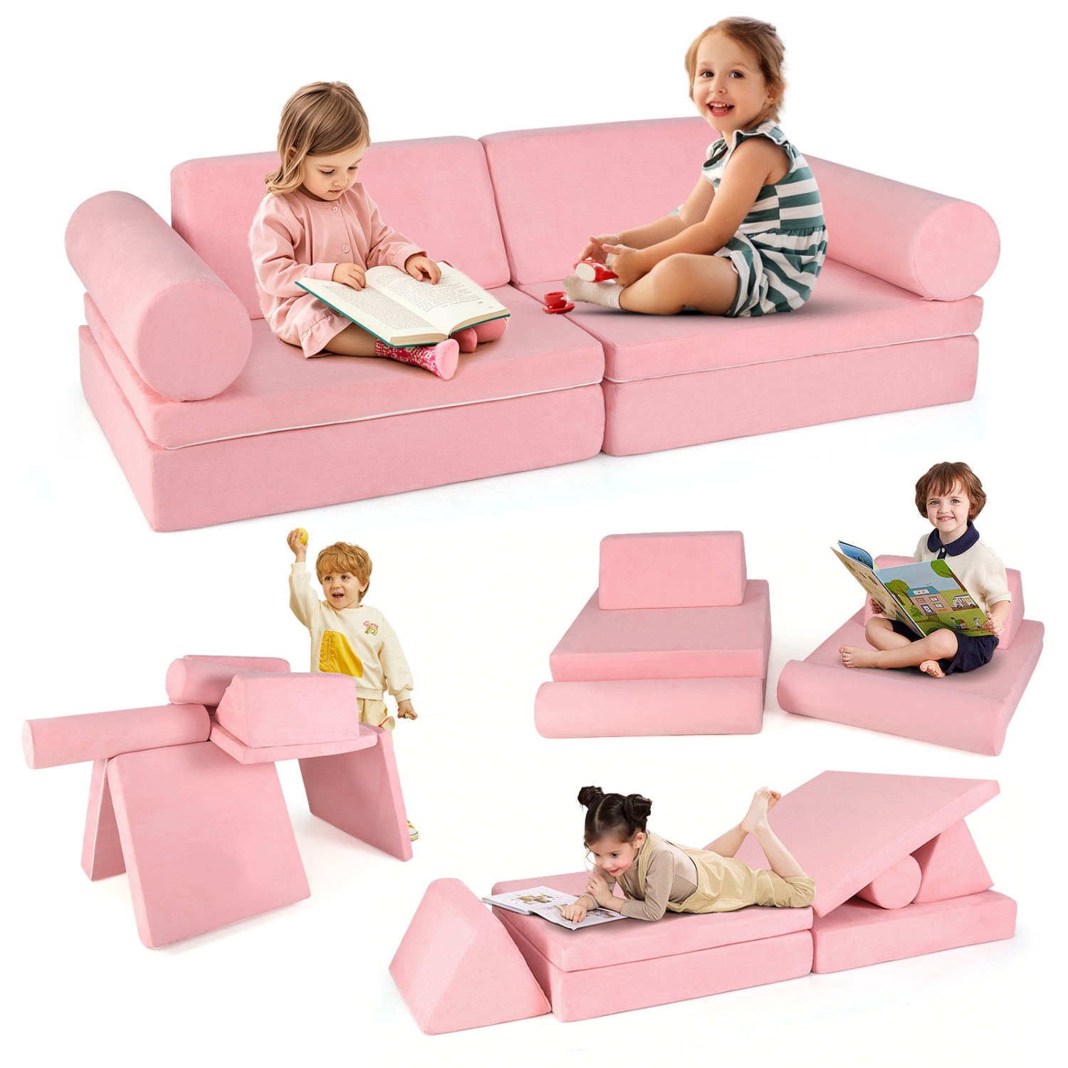 Gymax 8 Pcs Kids Play Couch Convertible Sectional Floor Sofa w/Removable Suede Cover