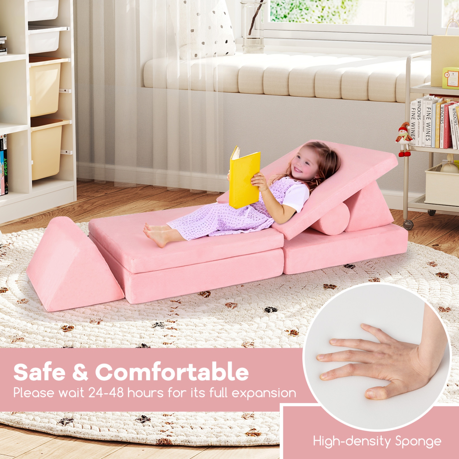 Gymax 8 Pcs Kids Play Couch Convertible Sectional Floor Sofa w/Removable Suede Cover