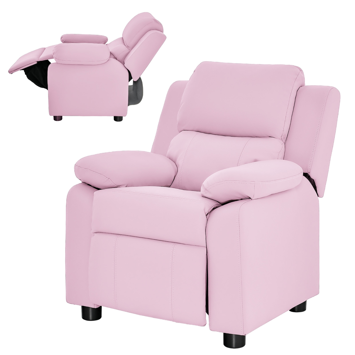 Gymax Deluxe Padded Kids Sofa Armchair Recliner Headrest w/ Storage Arms Pink