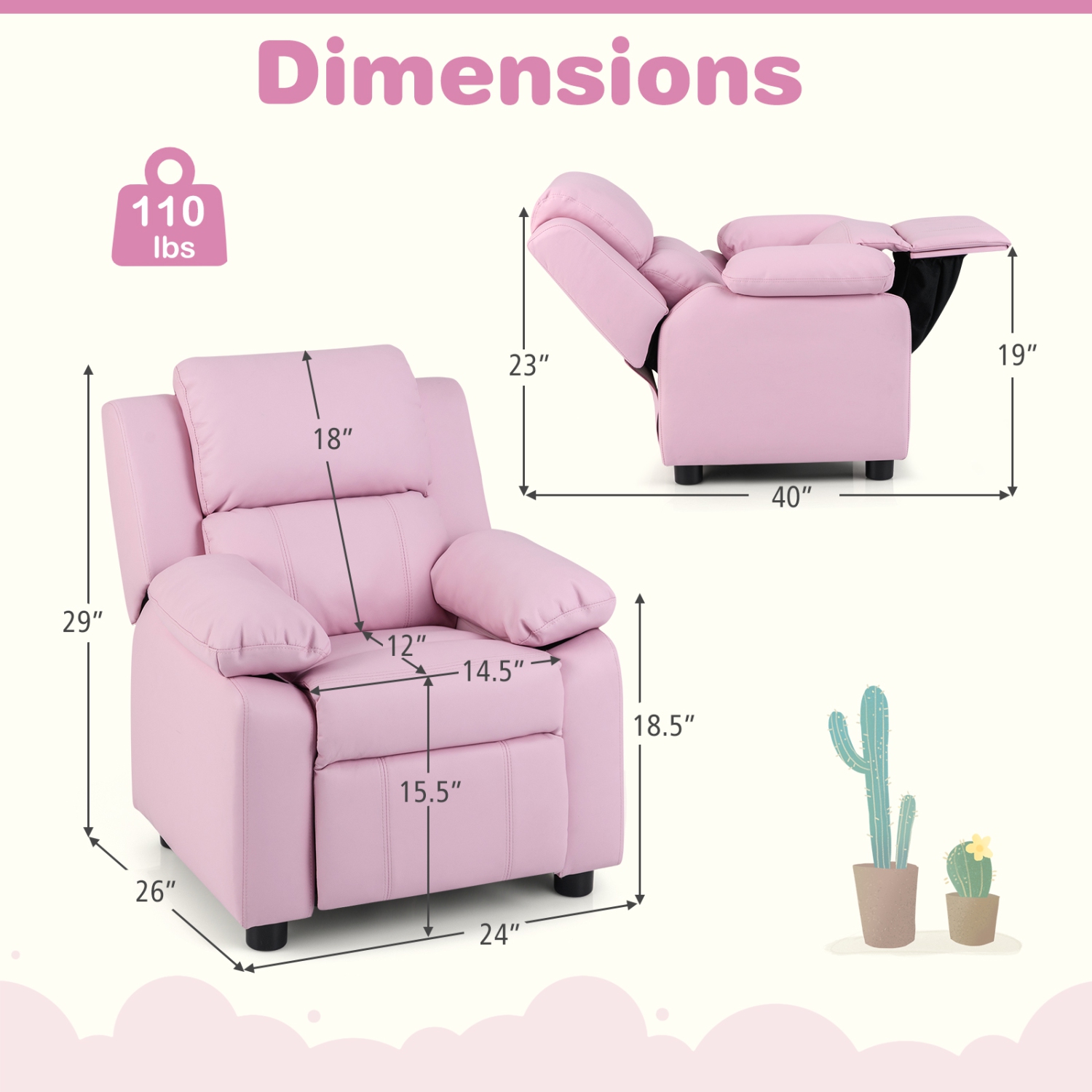 Gymax Deluxe Padded Kids Sofa Armchair Recliner Headrest w/ Storage Arms Pink