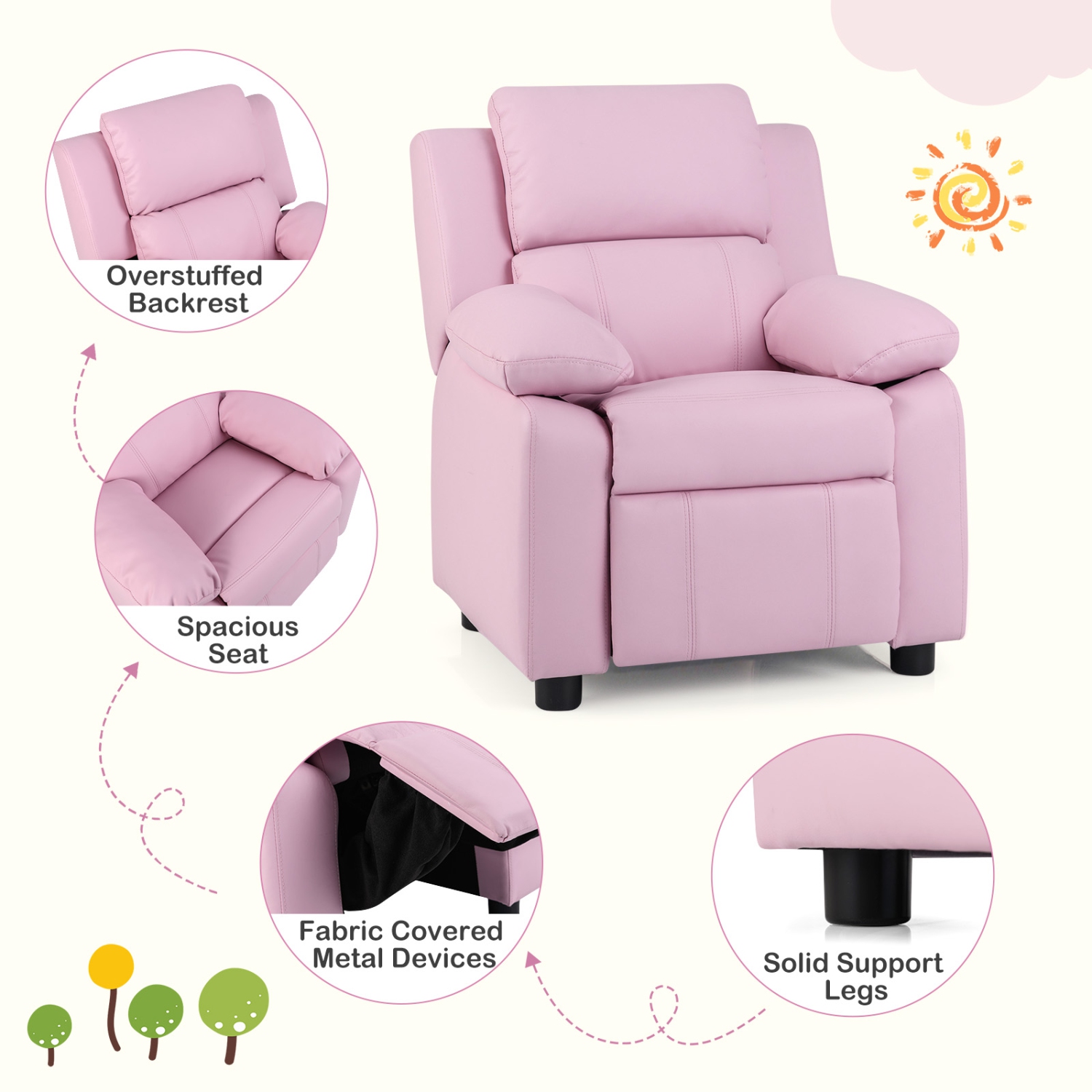Gymax Deluxe Padded Kids Sofa Armchair Recliner Headrest w/ Storage Arms Pink
