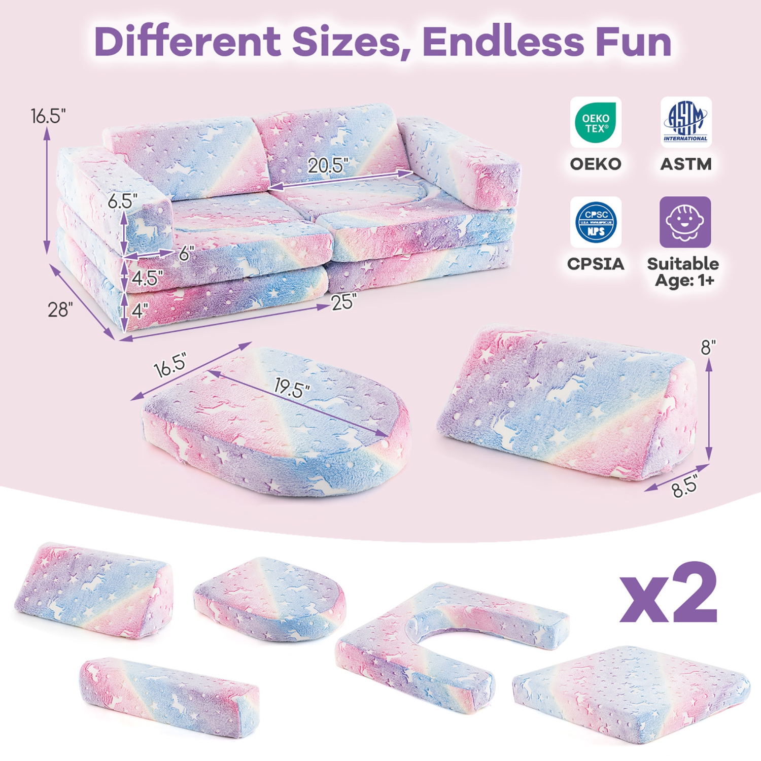 Gymax 10 Pcs Modular Kids Play Couch Sectional Sofa Glow in the Dark Floor Cushion