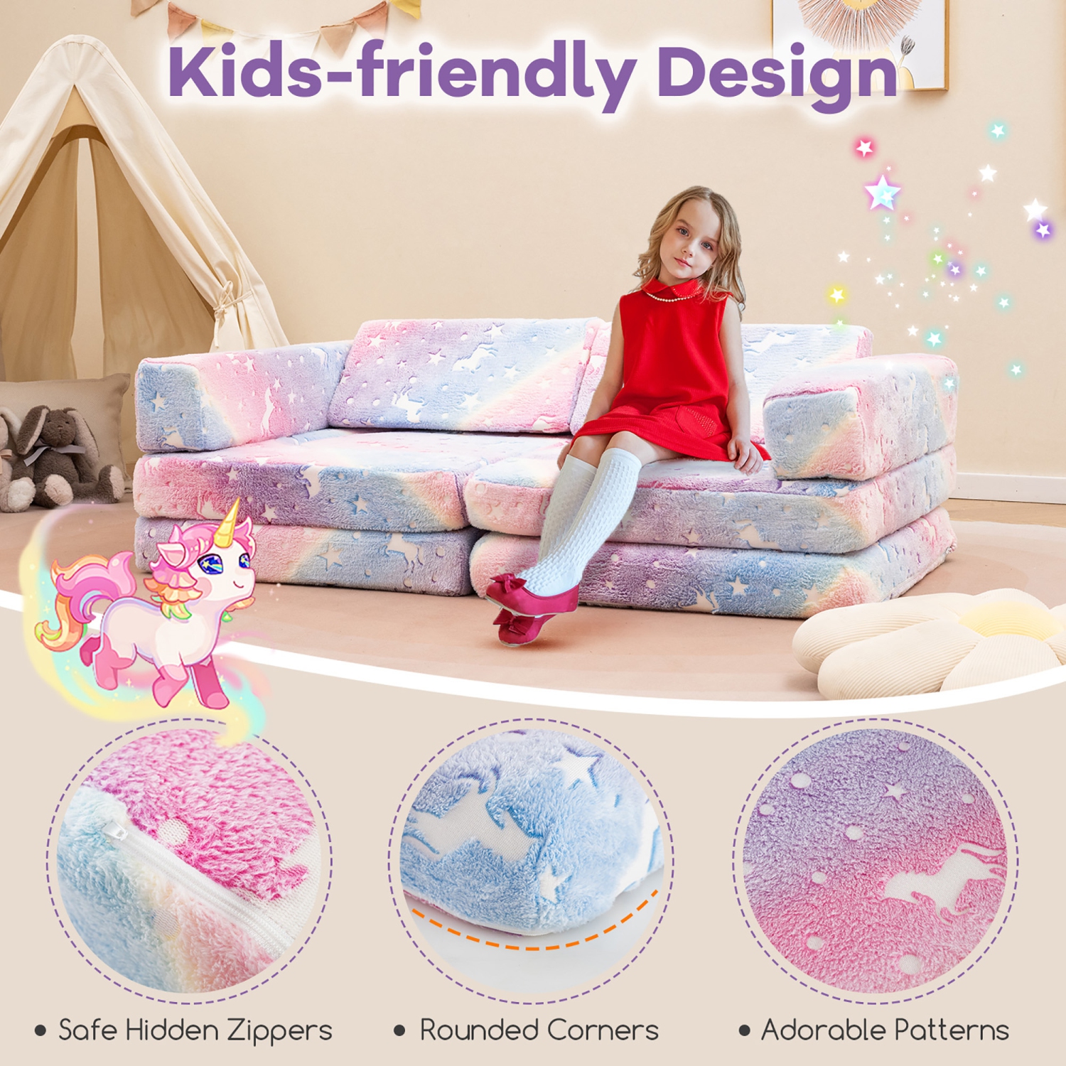 Gymax 10 Pcs Modular Kids Play Couch Sectional Sofa Glow in the Dark Floor Cushion