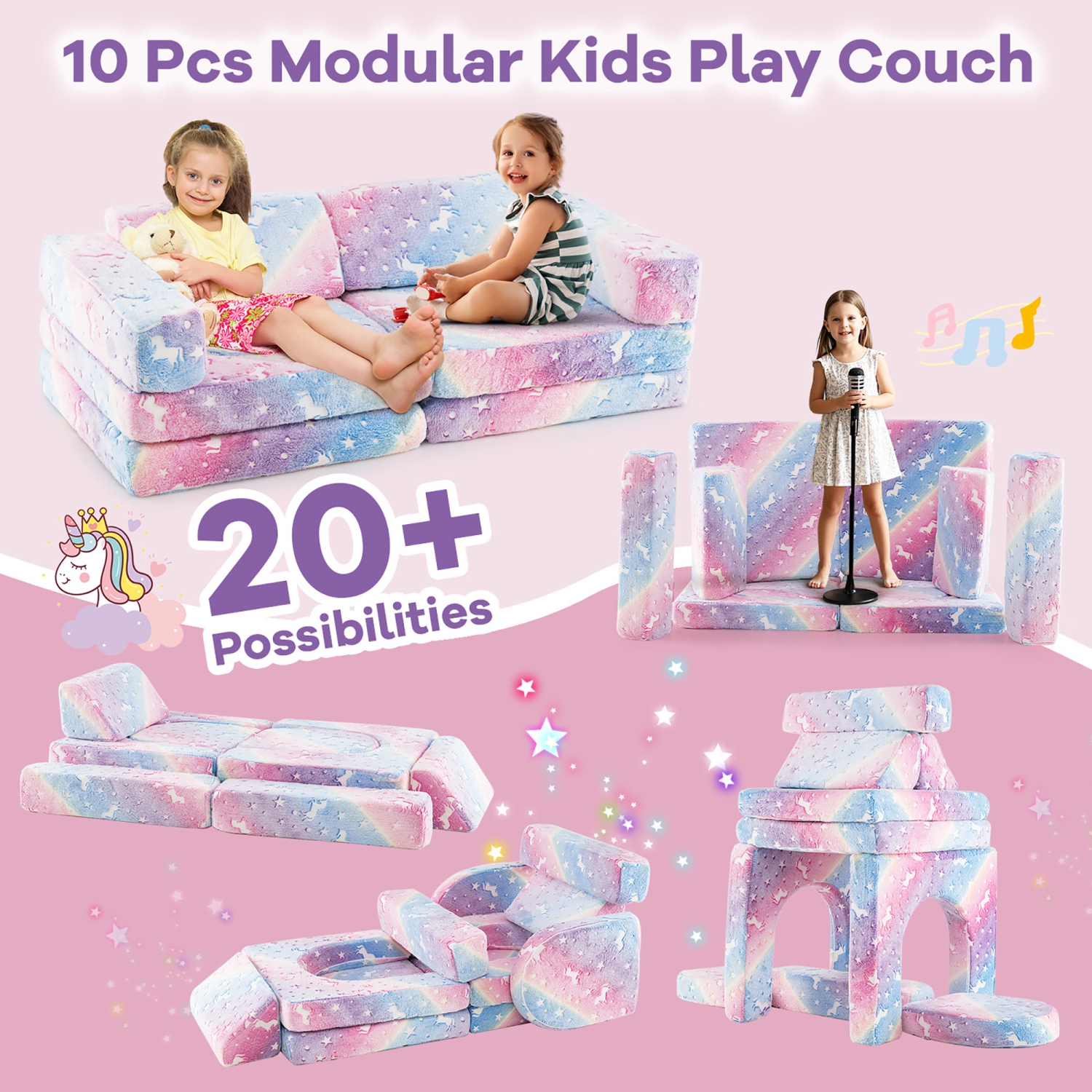 Gymax 10 Pcs Modular Kids Play Couch Sectional Sofa Glow in the Dark Floor Cushion