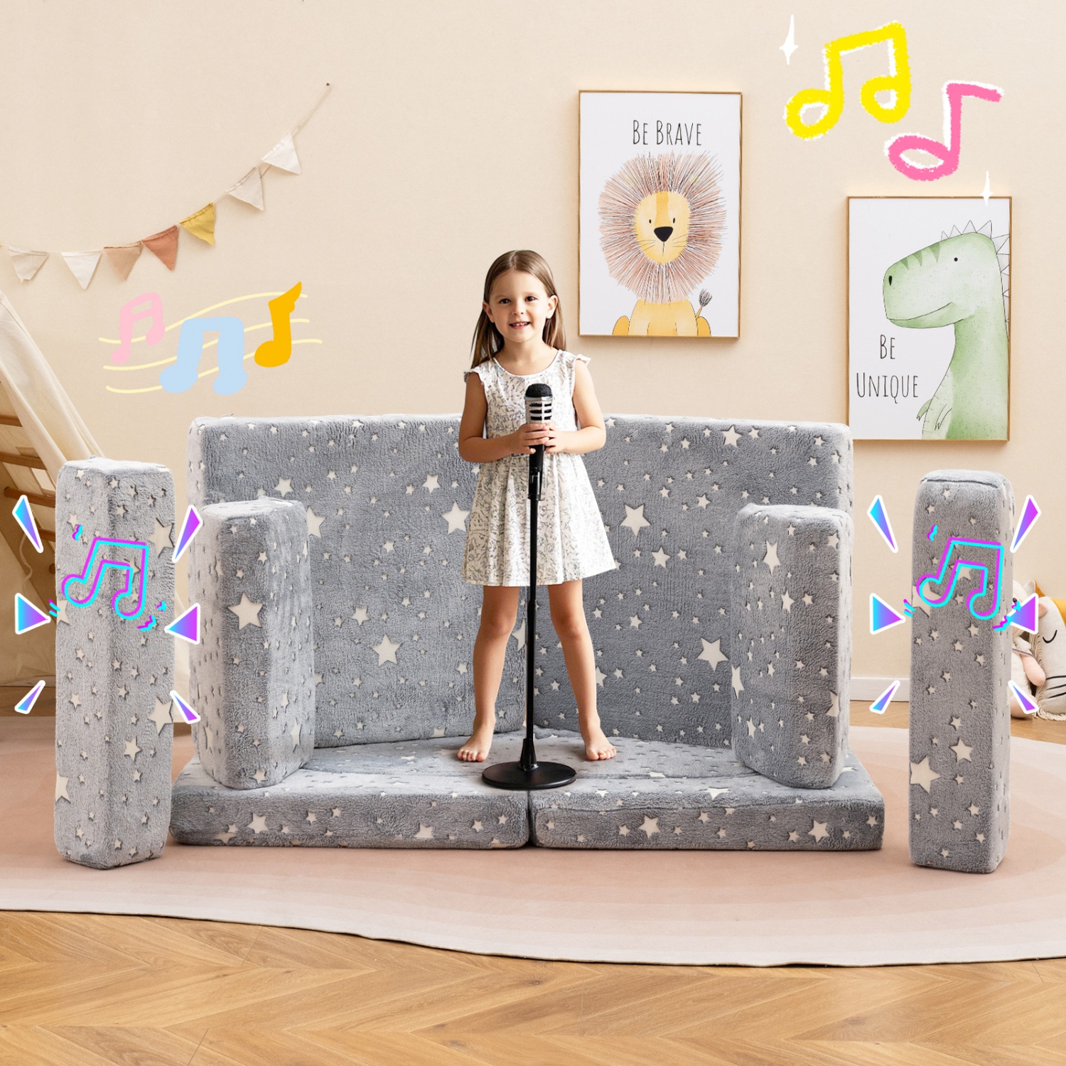 Gymax 10 Pcs Modular Kids Play Couch Sectional Sofa Glow in the Dark Floor Cushion