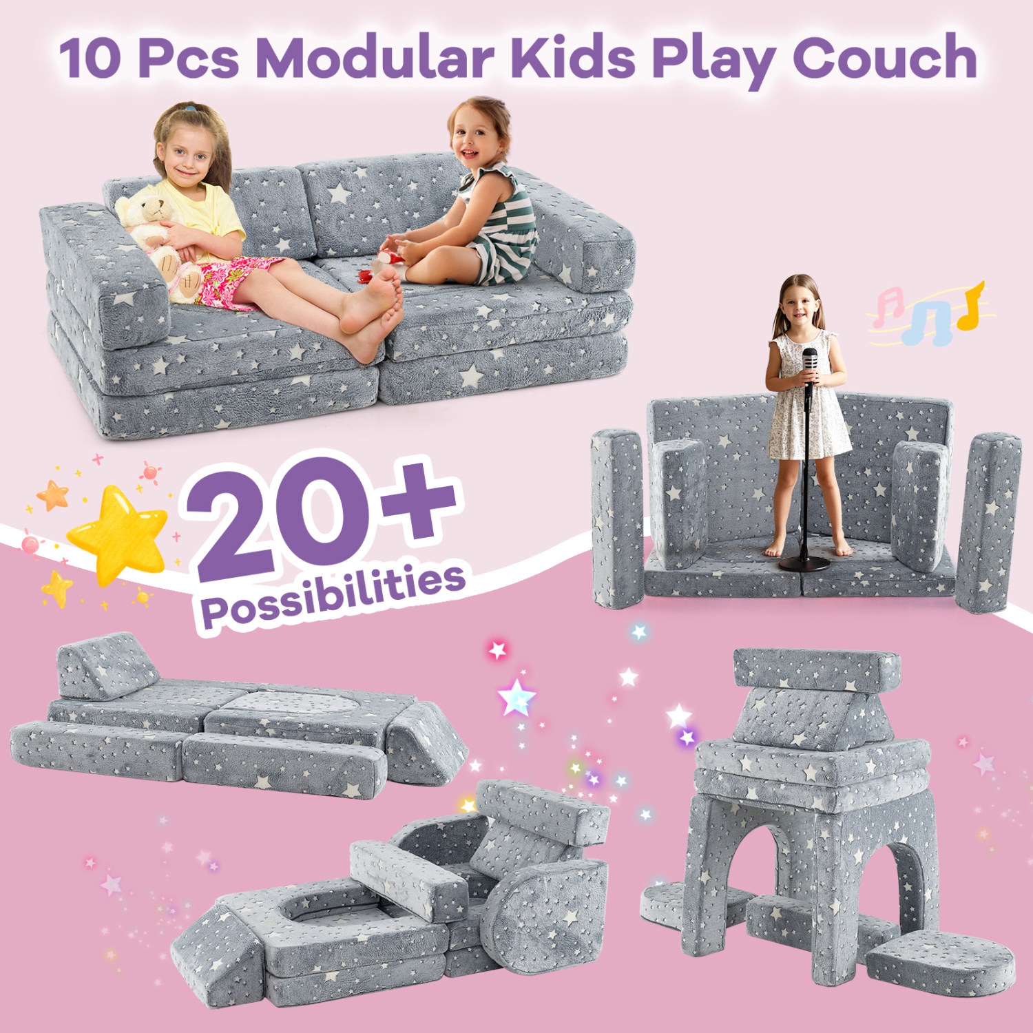 Gymax 10 Pcs Modular Kids Play Couch Sectional Sofa Glow in the Dark Floor Cushion