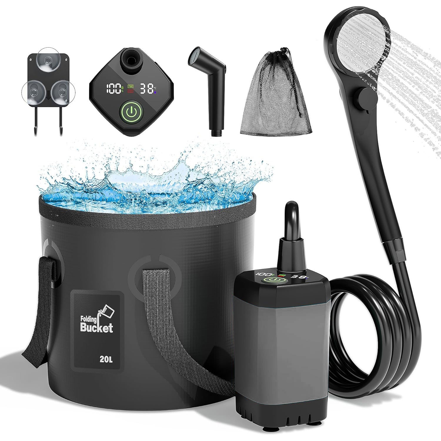 Portable Camping Shower Pump, Outdoor Camping Shower Equipment Set with Shower Head and Foldable Bucket, Suitable for Travel and Home Use