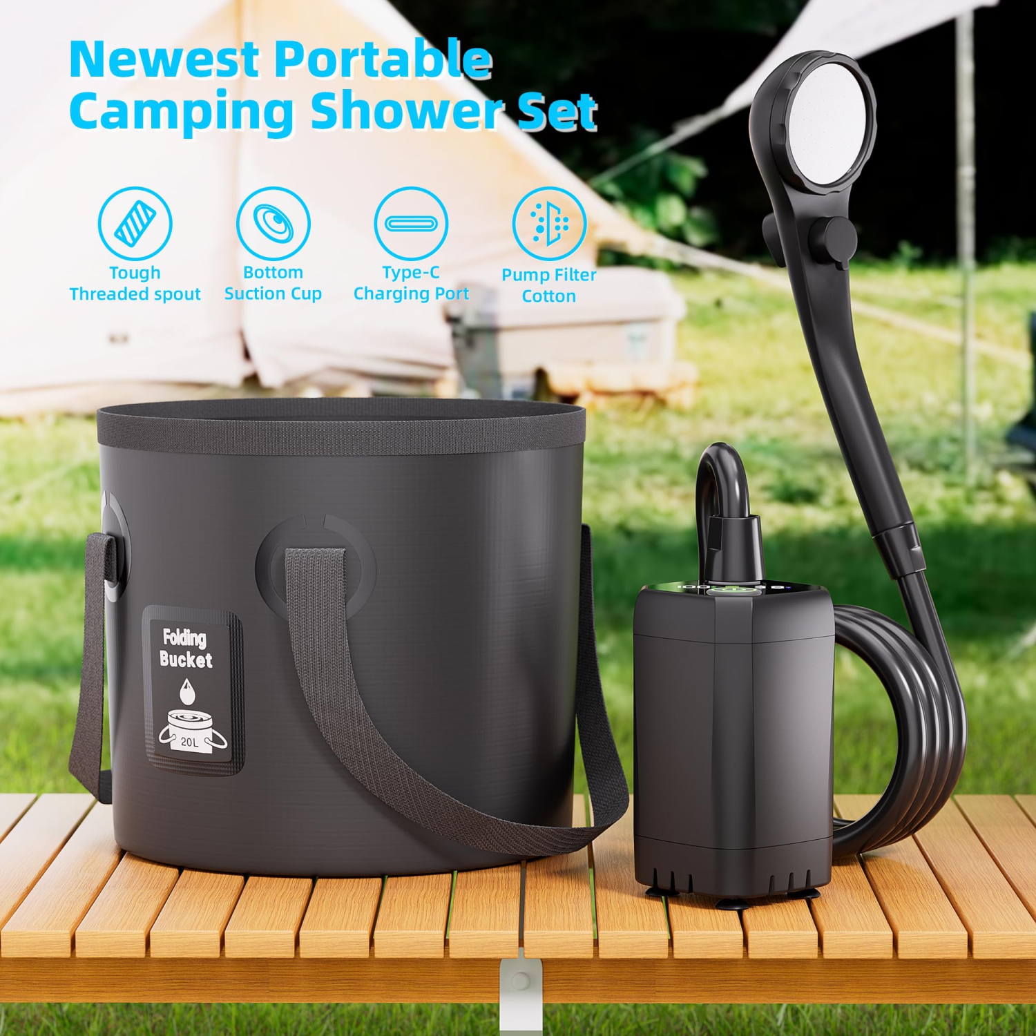 Portable Camping Shower Pump, Outdoor Camping Shower Equipment Set with Shower Head and Foldable Bucket, Suitable for Travel and Home Use