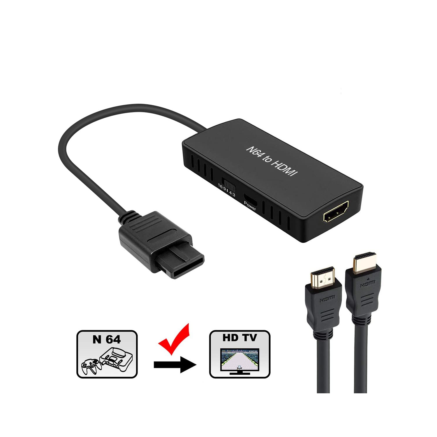 Adaptateur convertisseur N64 à HDMI, prise en charge de la conversion 16:9/4:3, câble HDMI adapté pour N64/SNES/NGC/SFC